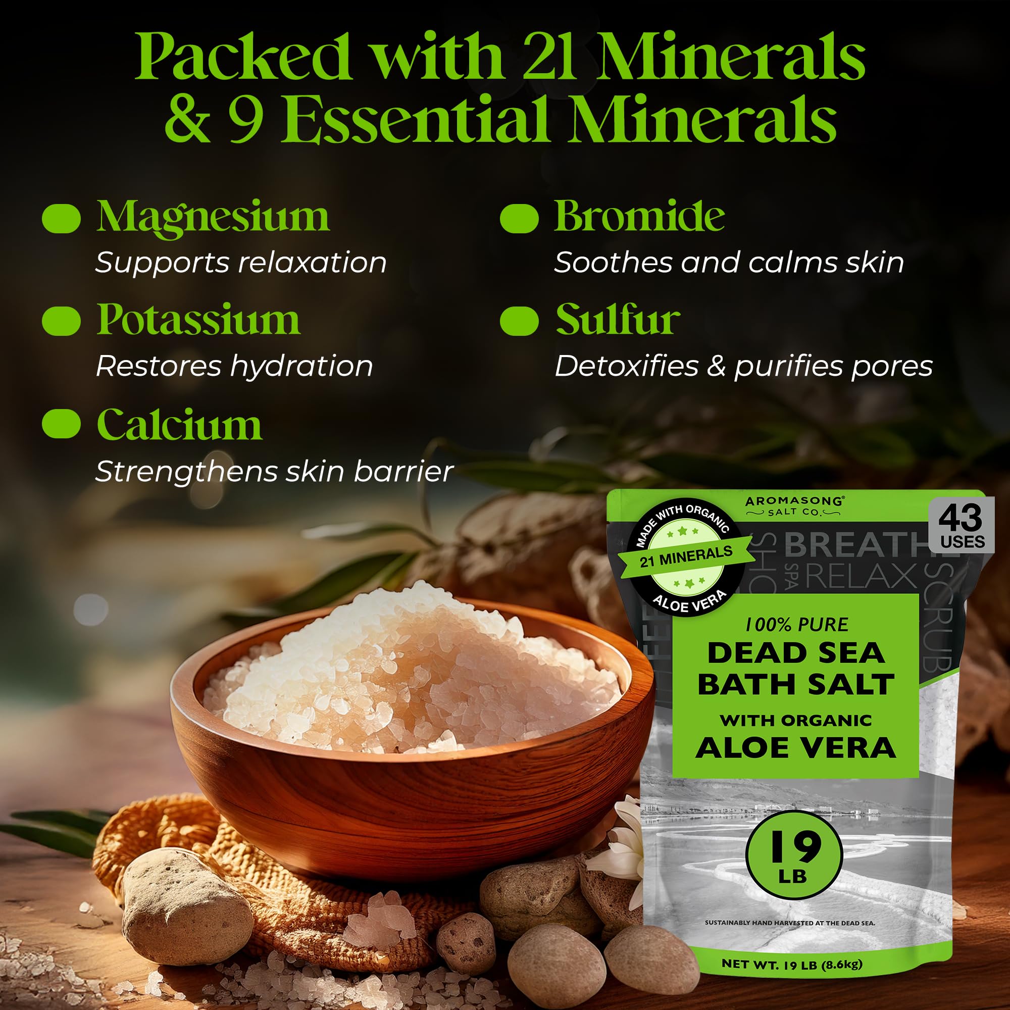 Aromasong Dead Sea Salt with Organic Aloe Vera, 19 lb Fine Bath Salts