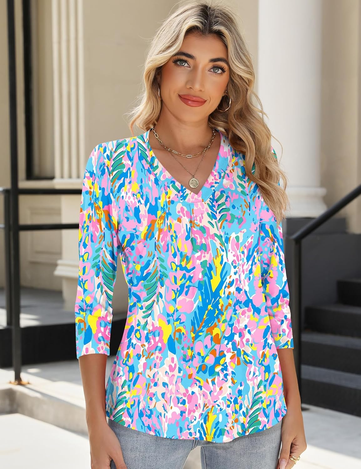 AKEWEI 3/4 Length Sleeve Womens Tops V Neck T Shirts Dressy Casual Pleated Spring Fashion 2026 Work Blouses - Image 4