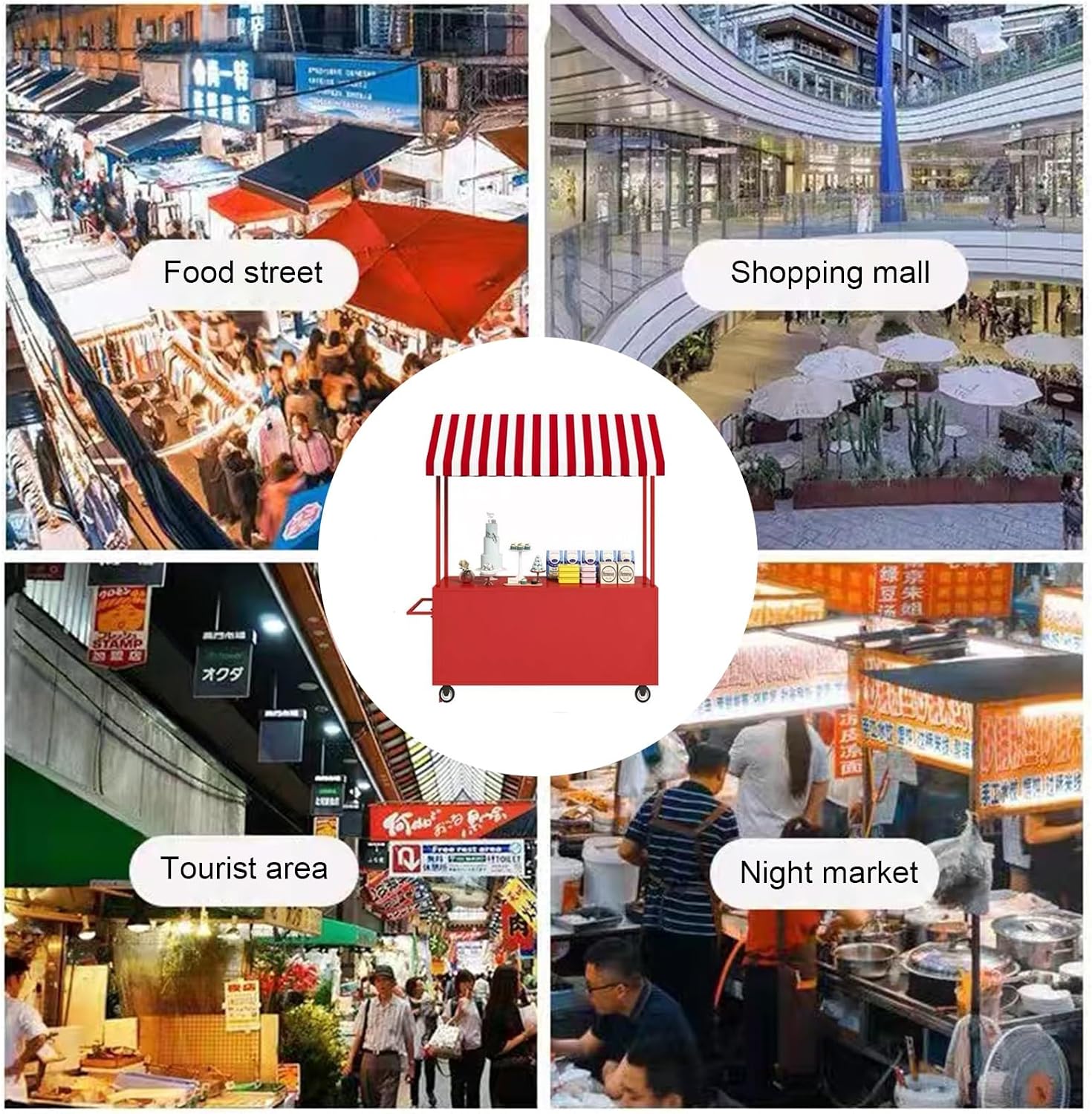 Portable Cart with Canopy, Commercial Business Mobile Street Food Vendor Cart, for Selling Snacks/Sweets/Toys(Pink,55.1 * 23.6 * 78.7in)