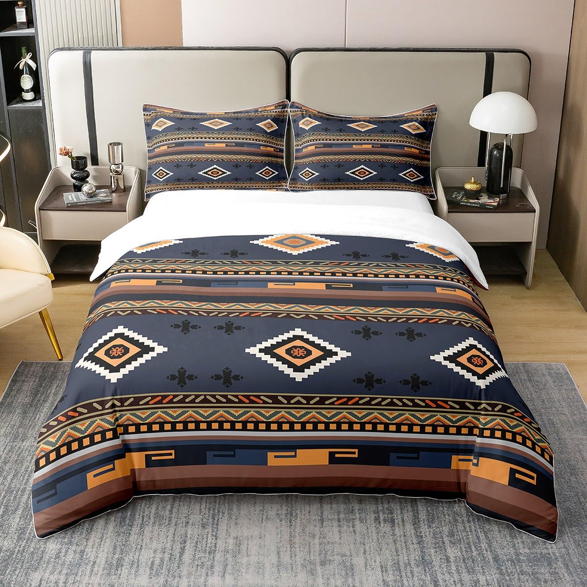 Parure de lit géométrique en coton haut de gamme motif sud-ouest bleu marine très grand lit