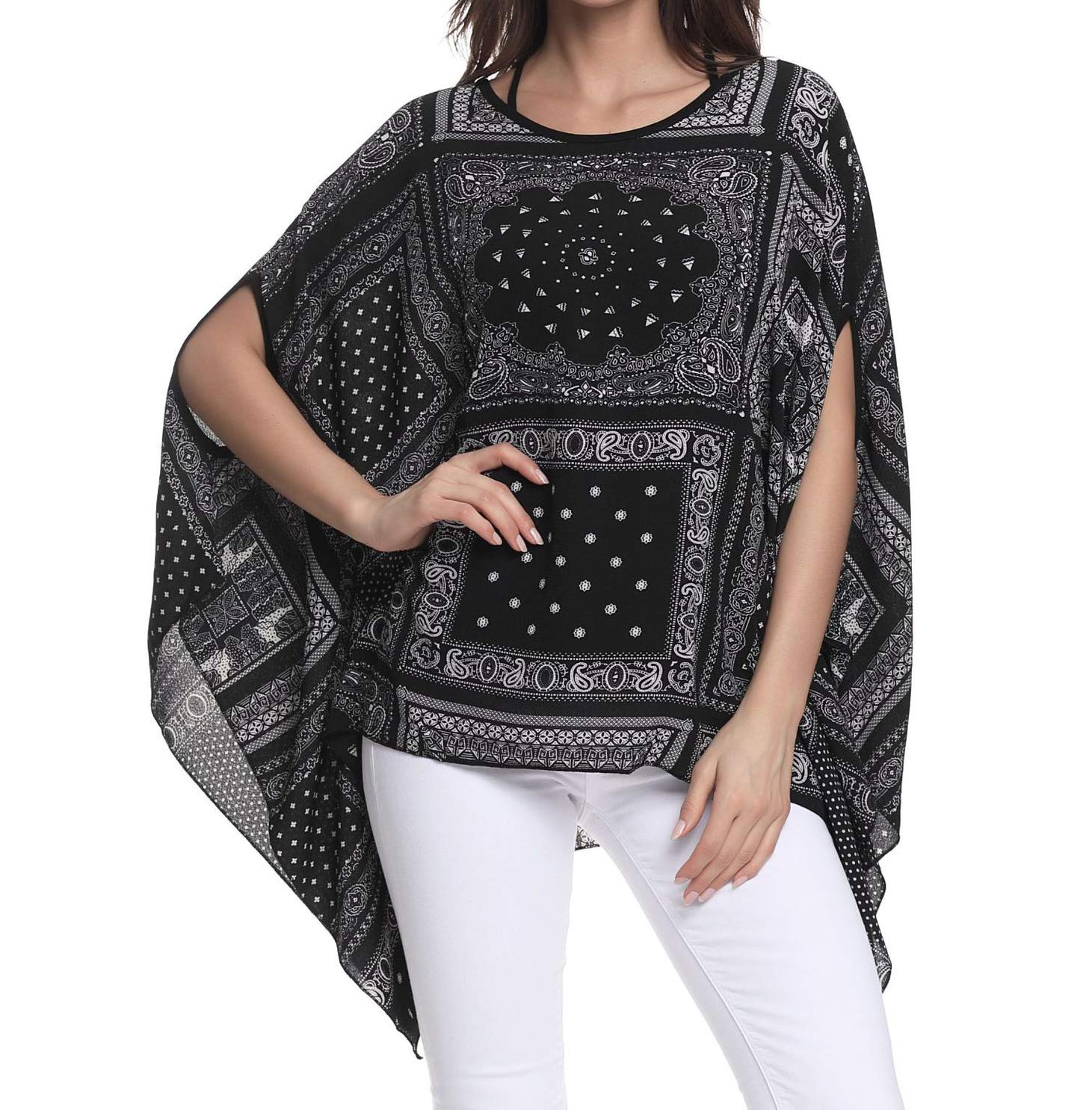Myosotis510 Women's Floral Printed Chiffon Caftan Poncho Tunic Top - Black - One Size