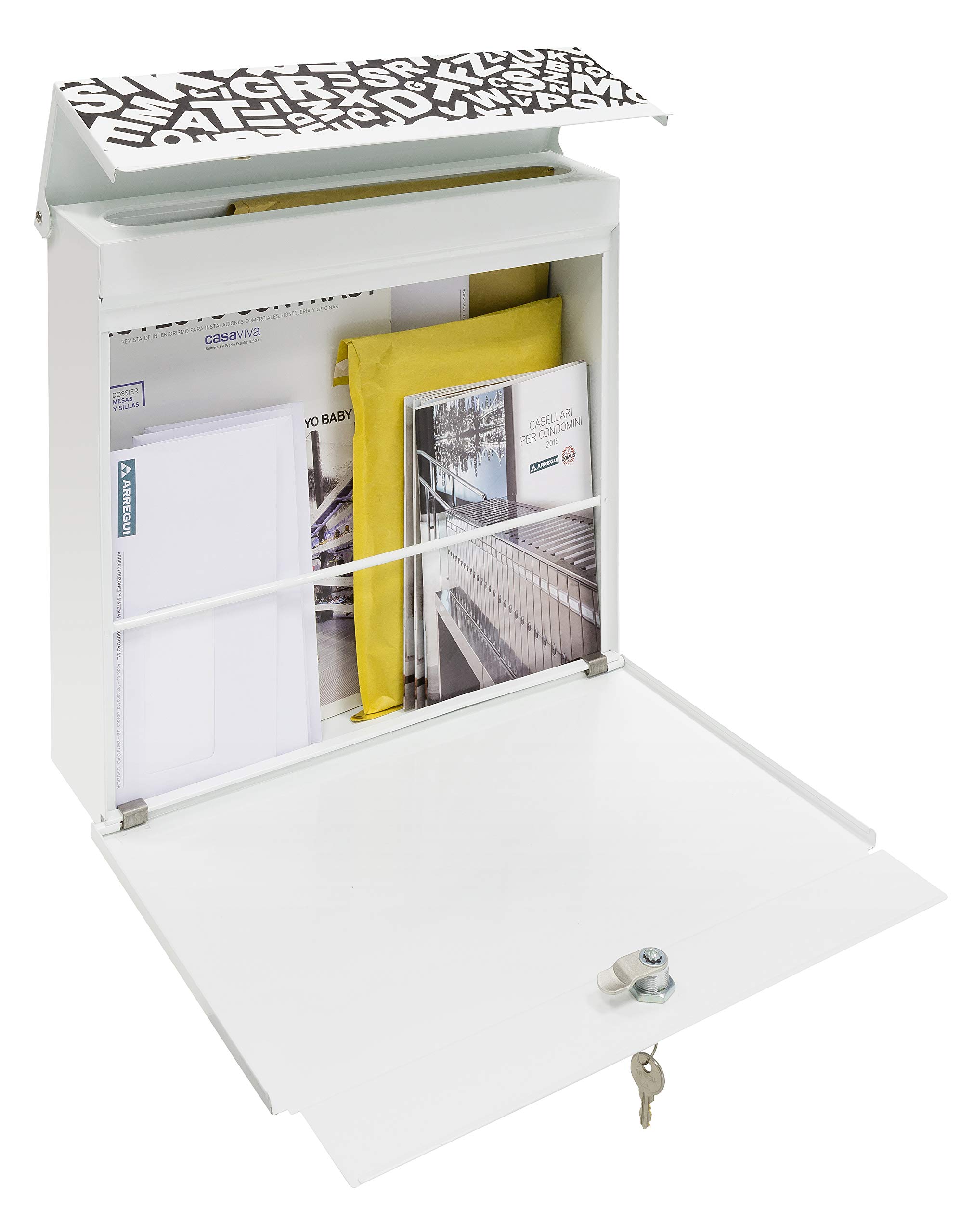 ARREGUI Plate E6512 Buzón Exterior de Acero con serigrafía Decorativa Words, Tamaño L (Revistas, Sobres C4), Buzón con Cerradura Tapada, Buzón de Pared, Buzón de Correo Grande, Antilluvia, Blanco
