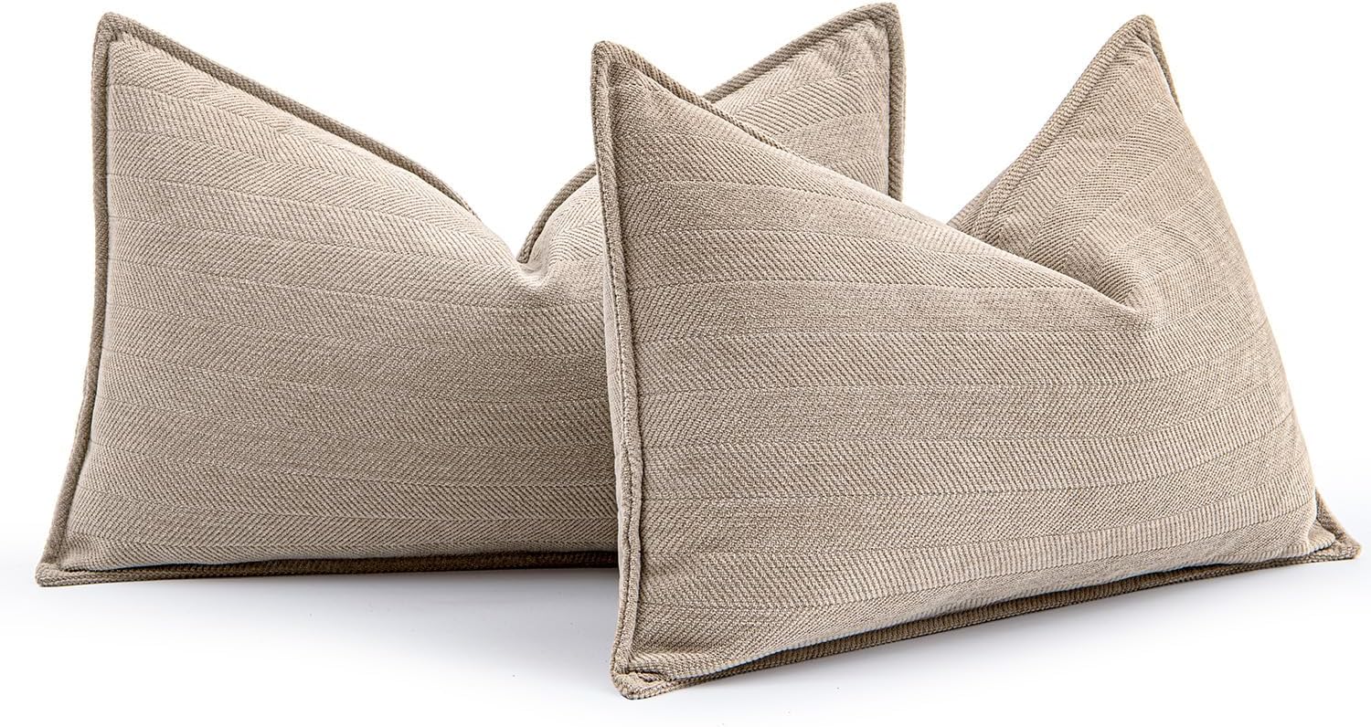 MIULEE Pack of 2 Beige Decorative Lumbar Pillow Covers 12x20 Inch Soft Chenille Luxurious Couch Throw Pillows Farmhouse Cushion Covers with Elegant Design for Sofa Bedroom Living Room Home Decor 20" x 12" (Pack of 2) Beige