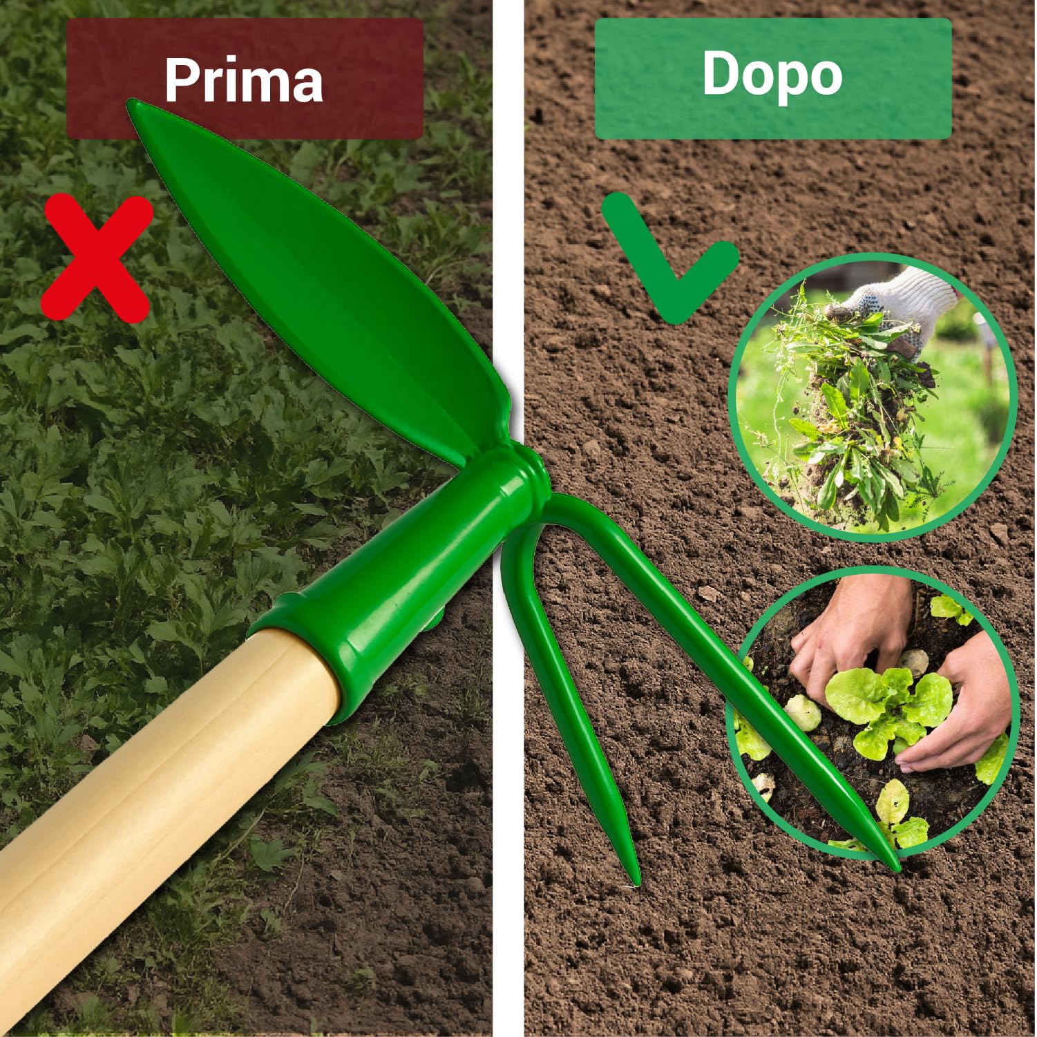Crisalide® Azada de jardín con mango de madera 120 cm – Herramienta de jardinería para desherbar, mover y airear el suelo – Azada de doble punta ergonómica y resistente
