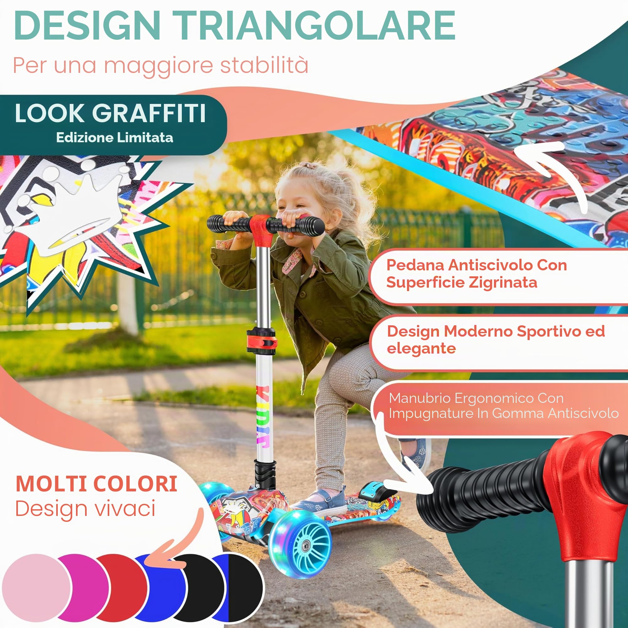 KIDIZ® Scooter Scooter per bambini X-Pro2 Triciclo Scooter con ruote luminose a LED in PU Scooter a pedali pieghevole Scooter da città regolabile in altezza Scooter per bambini ragazze 3-12 anni
