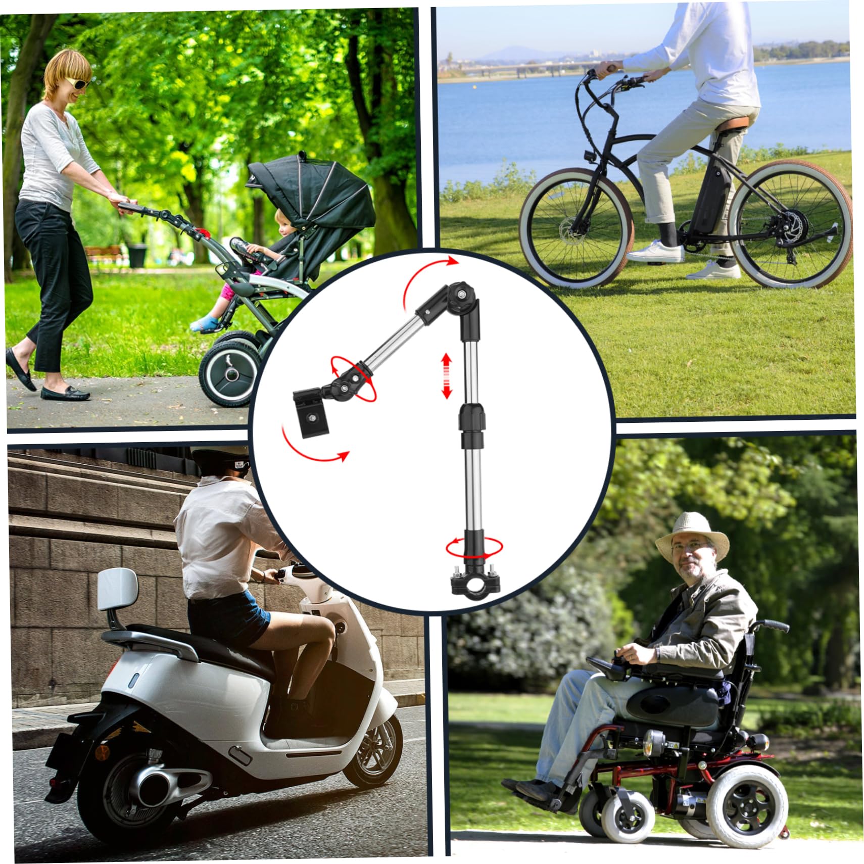 Accesorio para sombrilla de cochecito, soporte ajustable a 180°, abrazadera extensible para manillares de 2 a 2, 5 cm (0, 83-0, 98"). Ideal para bicicletas, carritos de bebé, coches eléctricos y mot