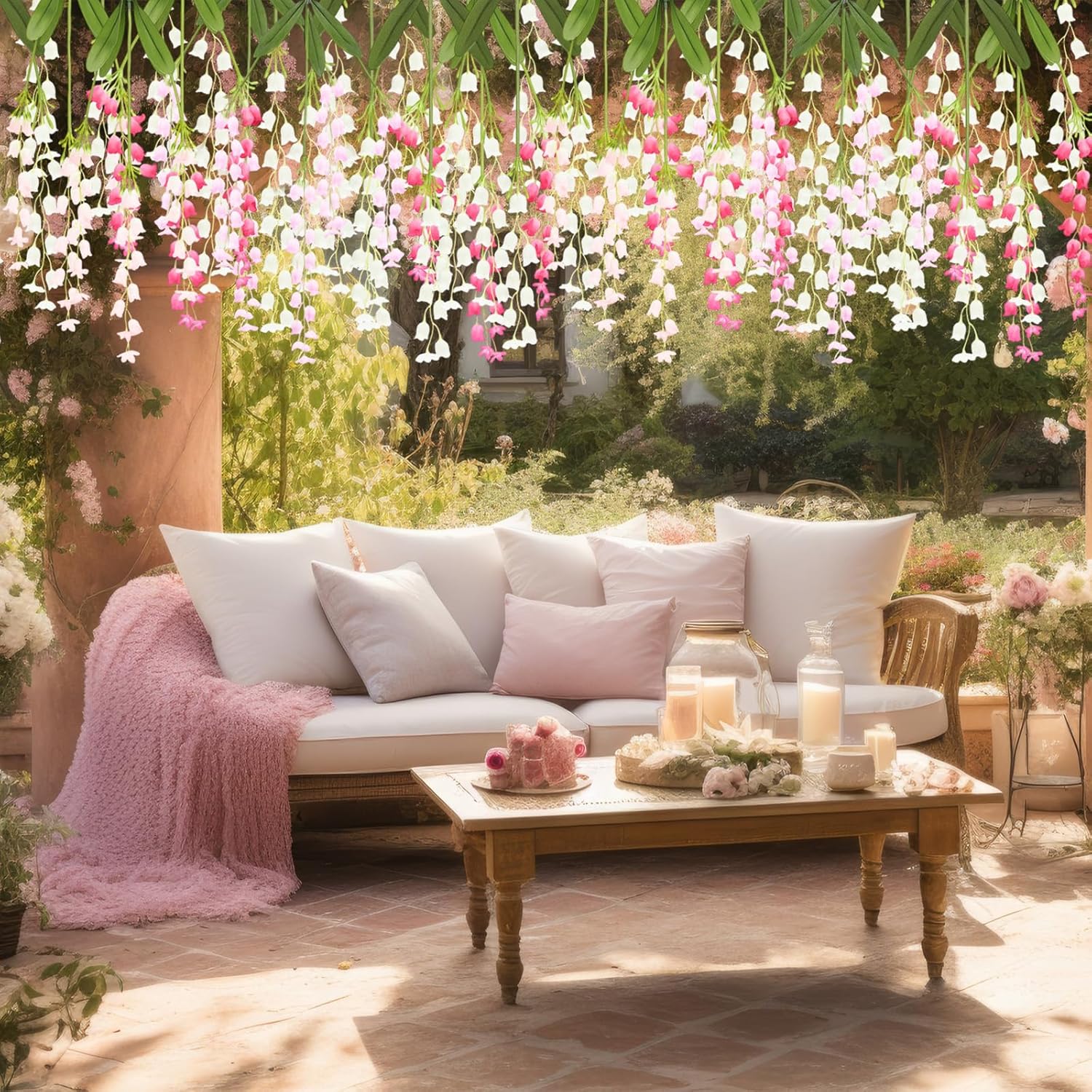 Thiccywoov 8 Pack Artificial Lily of The Valley Flowers, 3.6 ft Long Stem Faux Hanging Flowers Garland for Tall Vase Wedding Backdrop Room Patio Garden Event Decor(White, Pink, Light Purple, Rose Red)