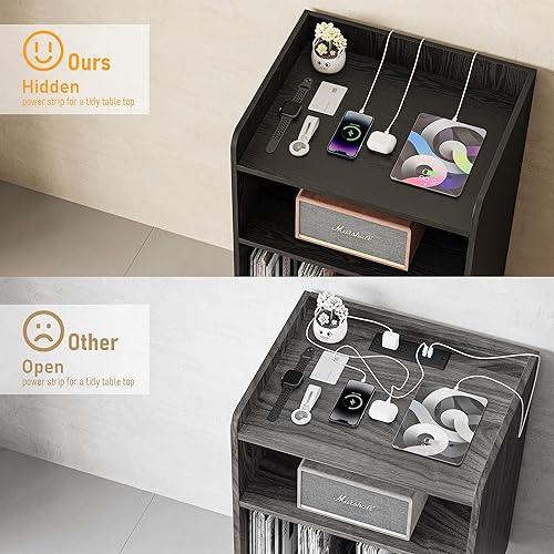 Miniatura 3 de Soporte para tocadiscos, soporte para tocadiscos con estación de almacenamiento de discos y carga y puertos USB, mesa de tocadiscos con divisor de