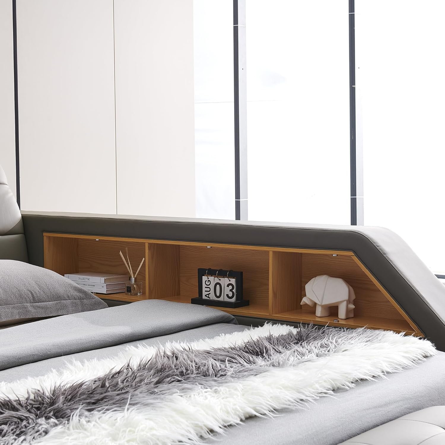 Multifunctional Queen Size Bed Frame, Modern Luxury Smart Bed with Massage Recliner/Music Speaker/USB Port/Storage Drawers, Adjustable Leather Upholstered Headboard, Grey