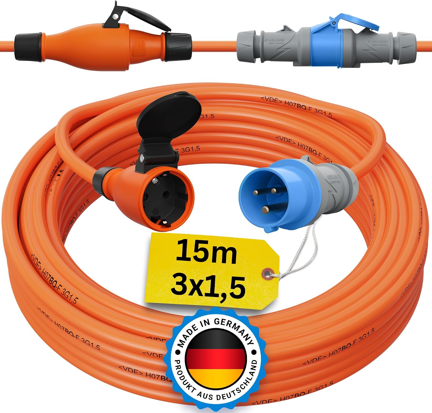 CEE to Schuko Adapter 15 m Camping Power Cable H07BQ-F 3 x 1.5 Land Power Cable Motorhome Caravan Cable Camping Adapter 15 m Power Extension Cable CEE Plug Camping Plug