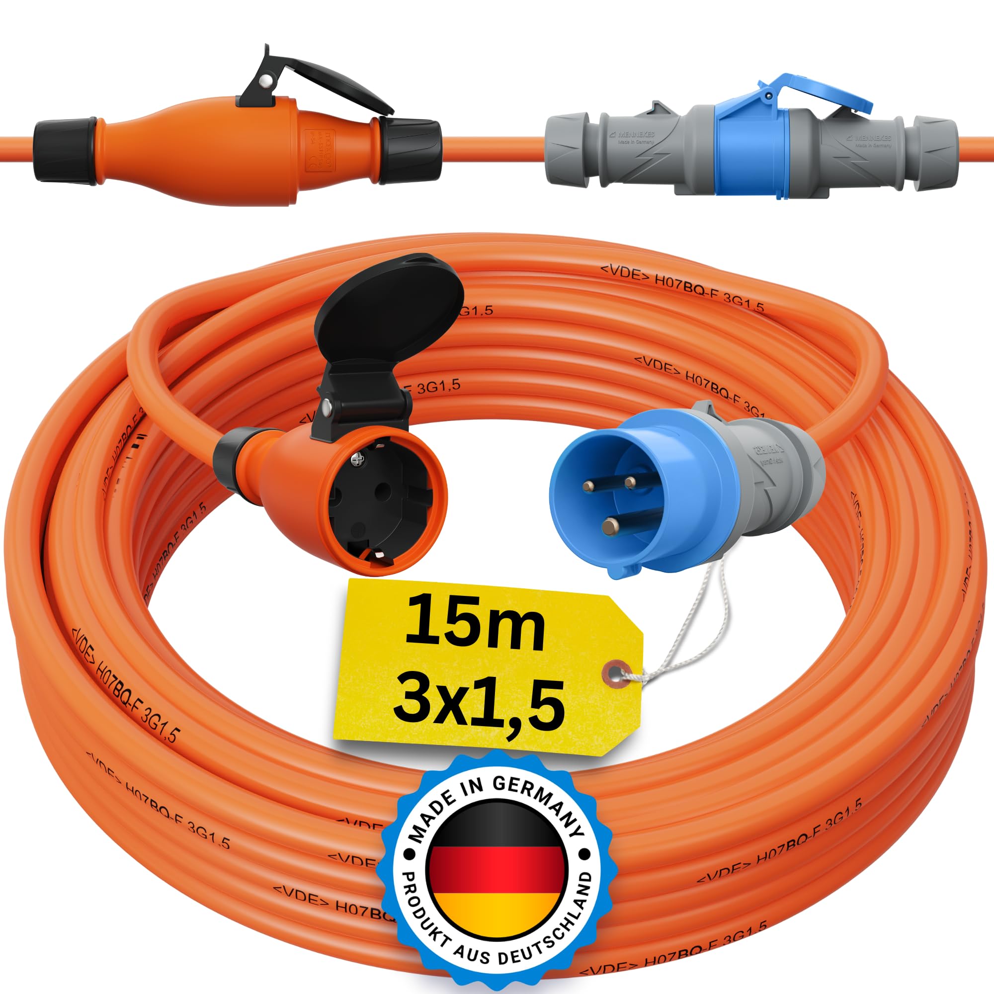 CEE auf Schuko Adapter 15m Camping Stromkabel H07BQ-F 3x1,5 Landstromkabel Wohnmobil Wohnwagen Kabel Camping Adapter 15 Meter Strom Verlängerungskabel CEE-Stecker Campingstecker