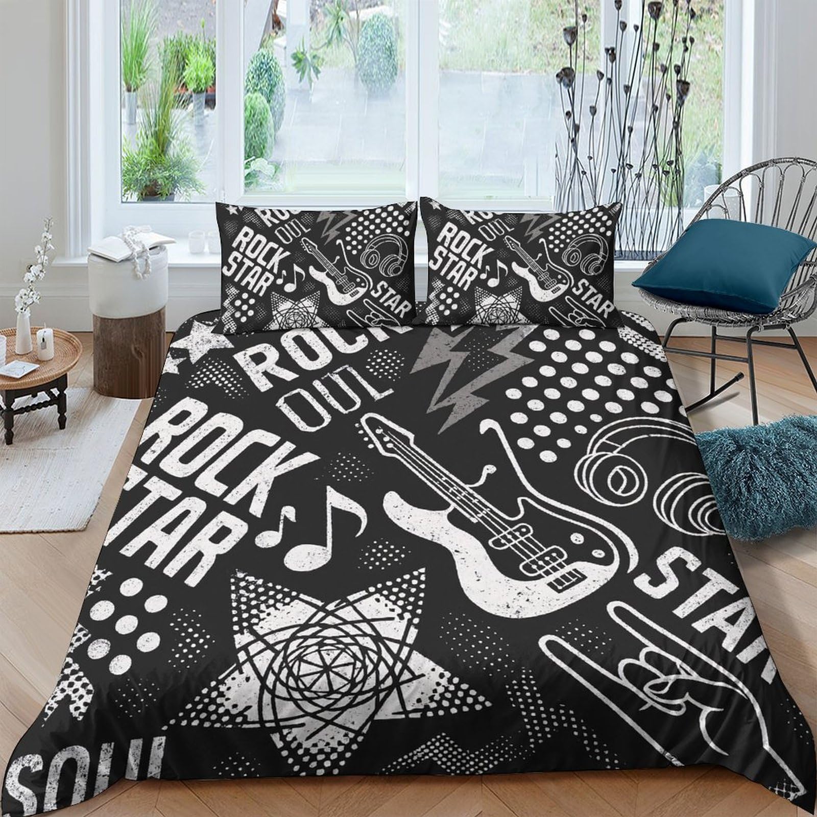 Ctjqhvkz Style-7 3D Printed Rock Guitar Fitted Sheet Microfiber Soft Black White Music Note Mattress Cover Bedroom Decor Single（135X200cm）