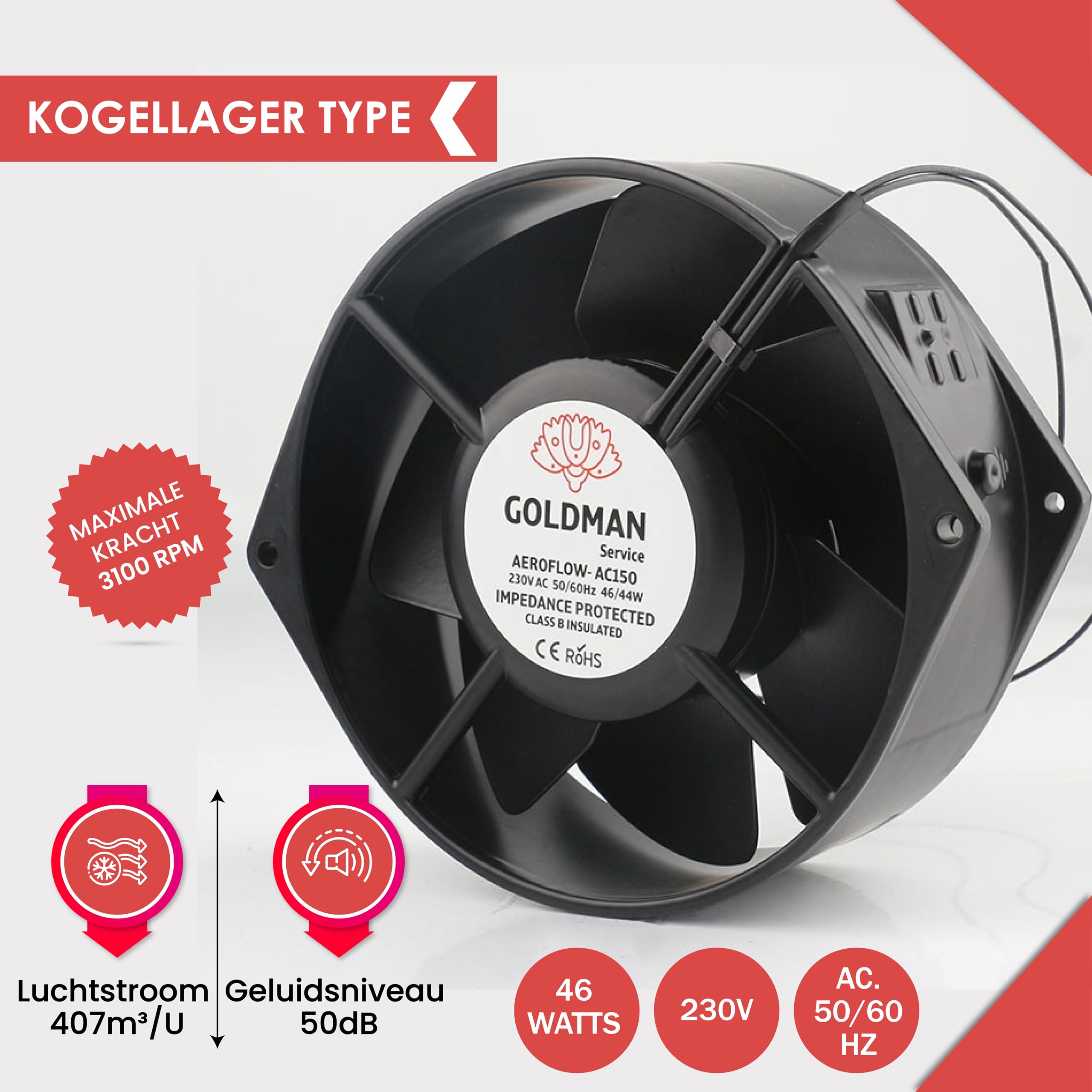 GOLDMAN SERVICE | Ventilatore assiale per ventilazione e raffreddamento, alto flusso d'aria, silenzioso, pale in metallo, cuscinetti a sfera, corpo in alluminio | Dimensioni: 150 X 162 X 55 mm
