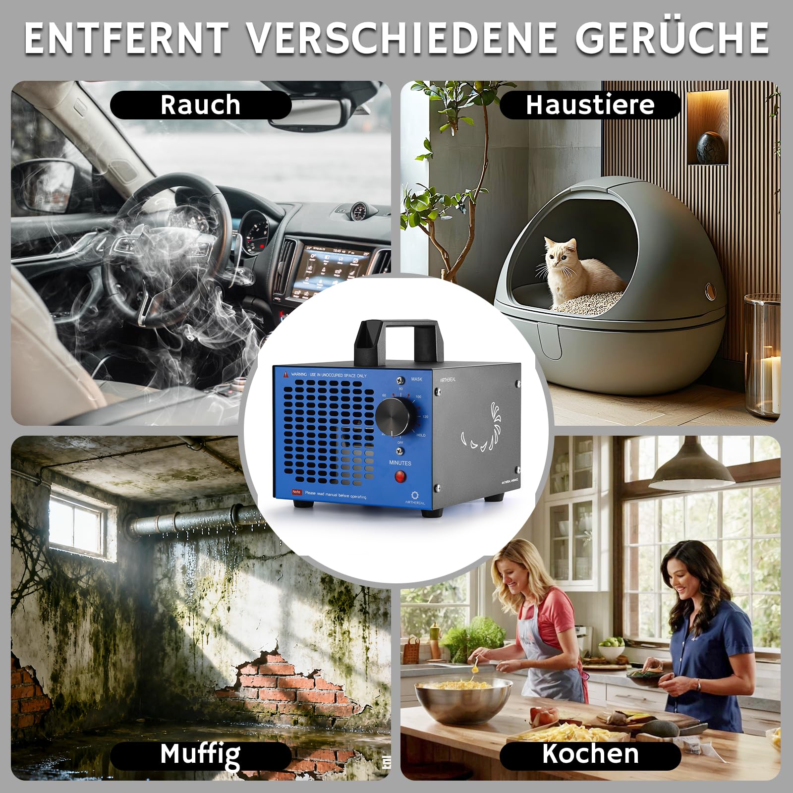 Airthereal MA5K Ozongenerator & Geruchsentferner mit 120-Minuten-Timer | Leichtes Design für Räume bis 185m². Ideal gegen Rauch, Tiergerüche & Schimmel in Auto, Keller oder Haus