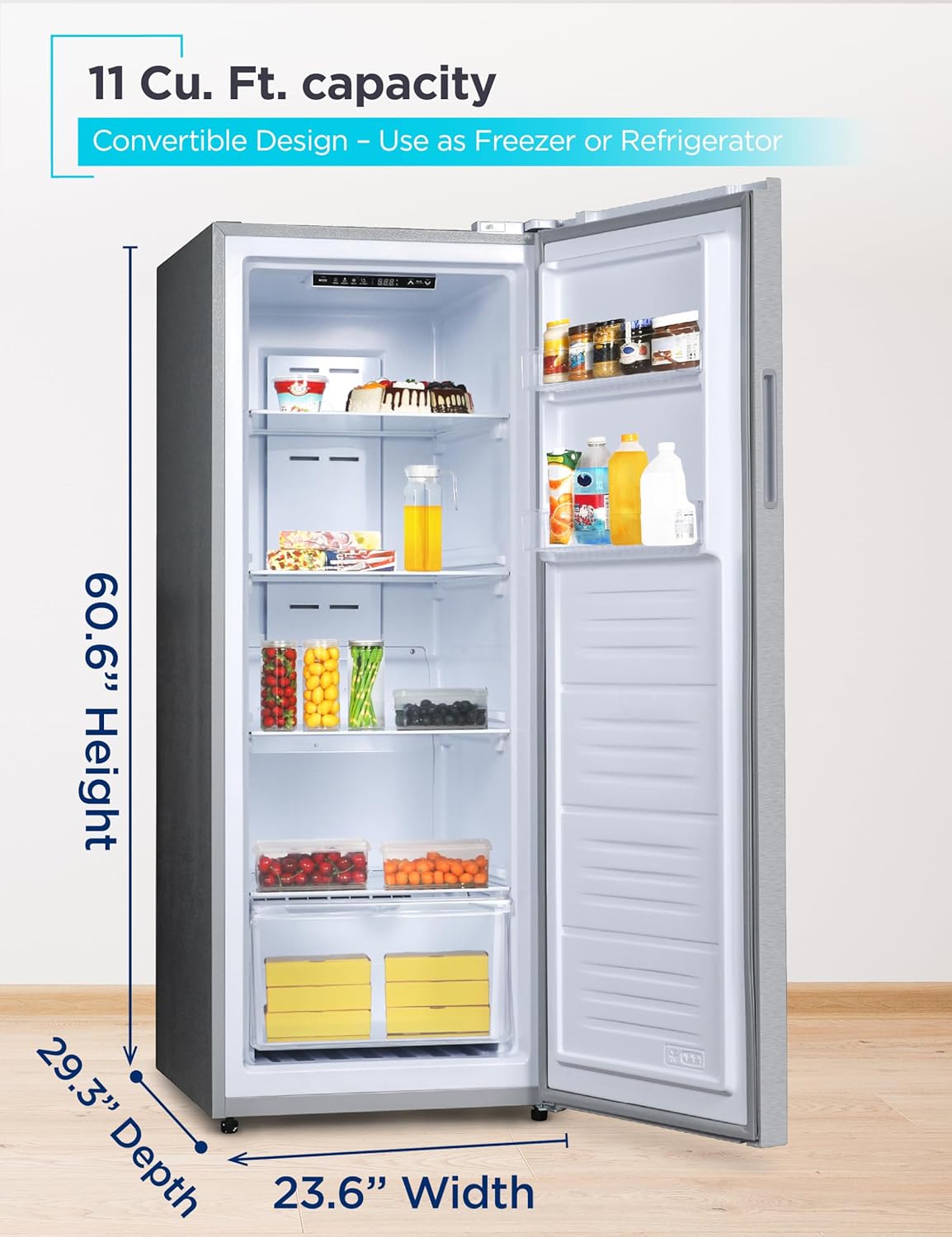 BLACK+DECKER 11 Cu. Ft. Convertible Freezer Refrigerator, Upright Freezer with Glass Shelves, Reversible Door, ENERGY STAR rated, Frost Free, BUC1100XS, Stainless Look