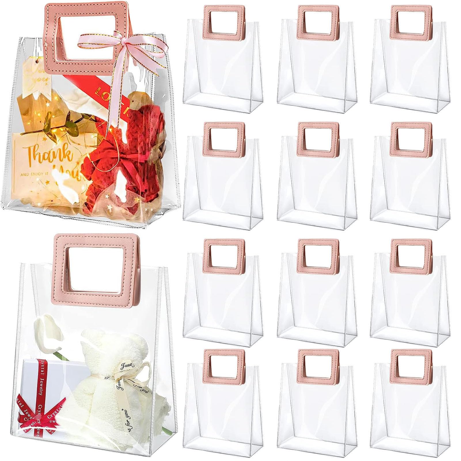 YHOME 16 PCS Clear PVC Gift Bags with Handles, Party gift bag, Reusable Small Transparent Gift Wrap Bags, Transparent Shopping Bags for Party Bags, Birthday Bag, Small Gift Bags (Pink)