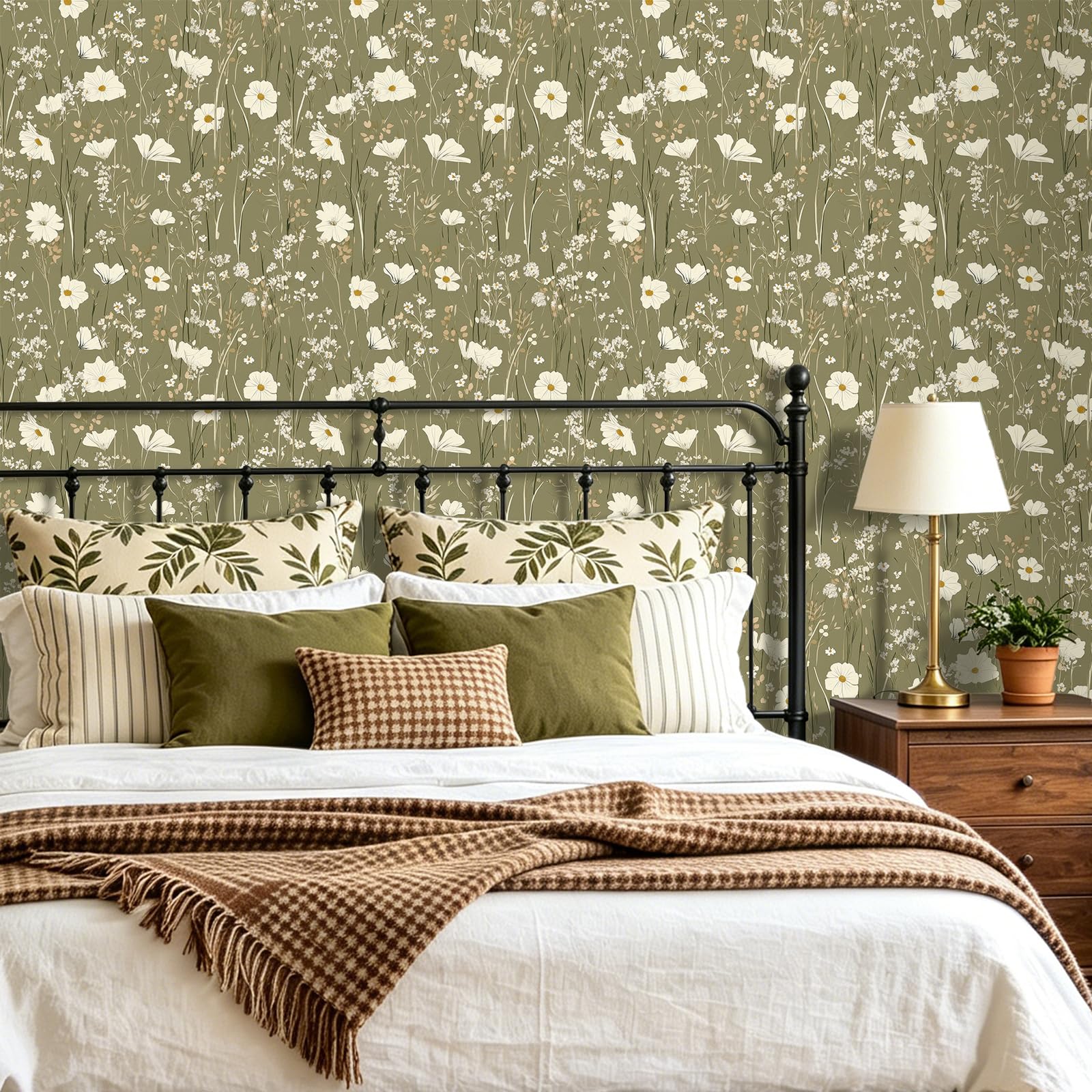 FunStick 44.5CMx9M Papel Pintado Pared Verde Flores Pequeñas Vintage Papel Pintado Autoadhesivo Muebles Cocina Armario Vinilo Adhesivo Verde Oliva Salón Vinilo Adhesivo Muebles Flores Pequeñas Hojas