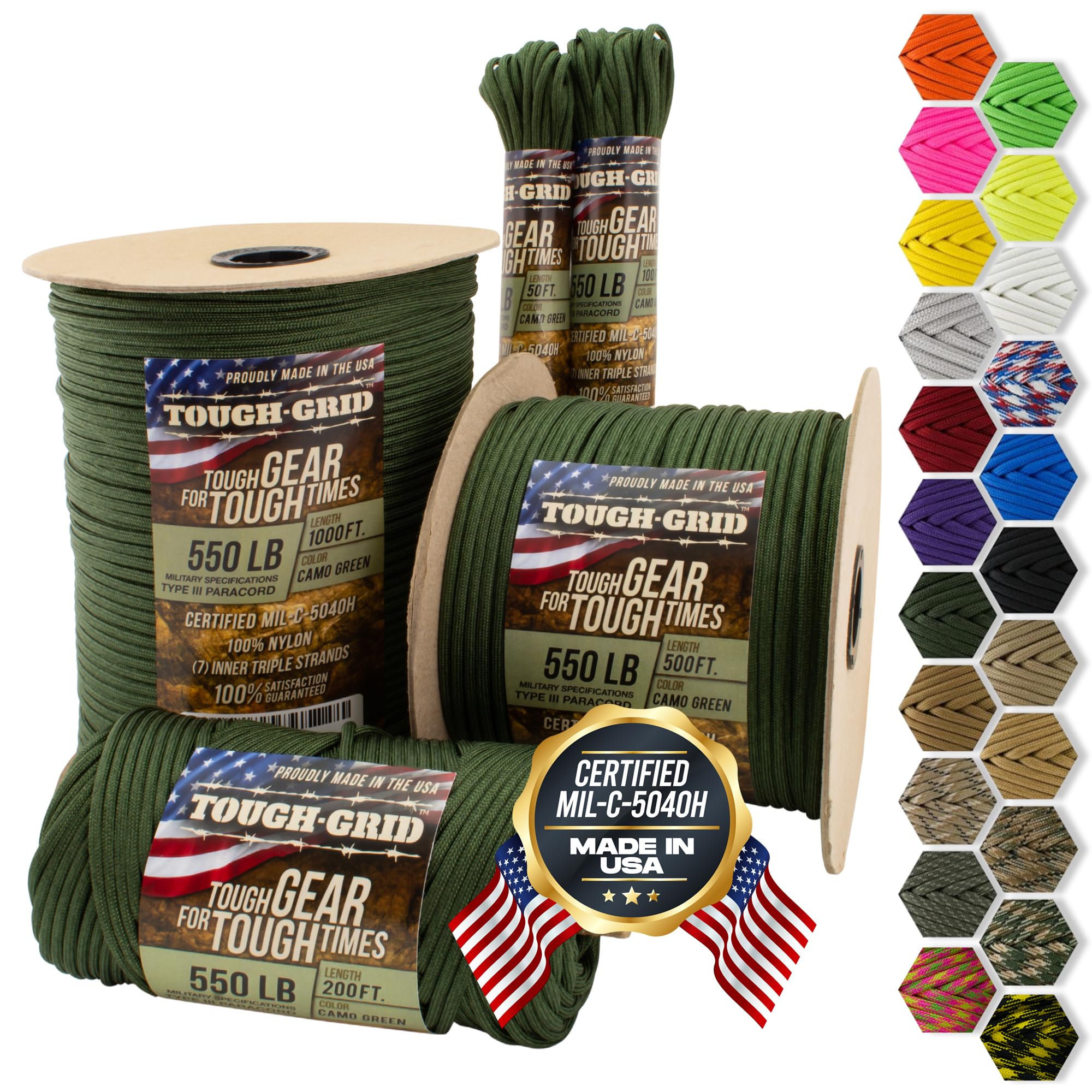 TOUGH-GRID 550 Paracord Rope Nylon Parachute Cord, Made in USA Survival Kit, Outdoor Adventures, Camping, Tactical Gear & Emergency Supplies, Military