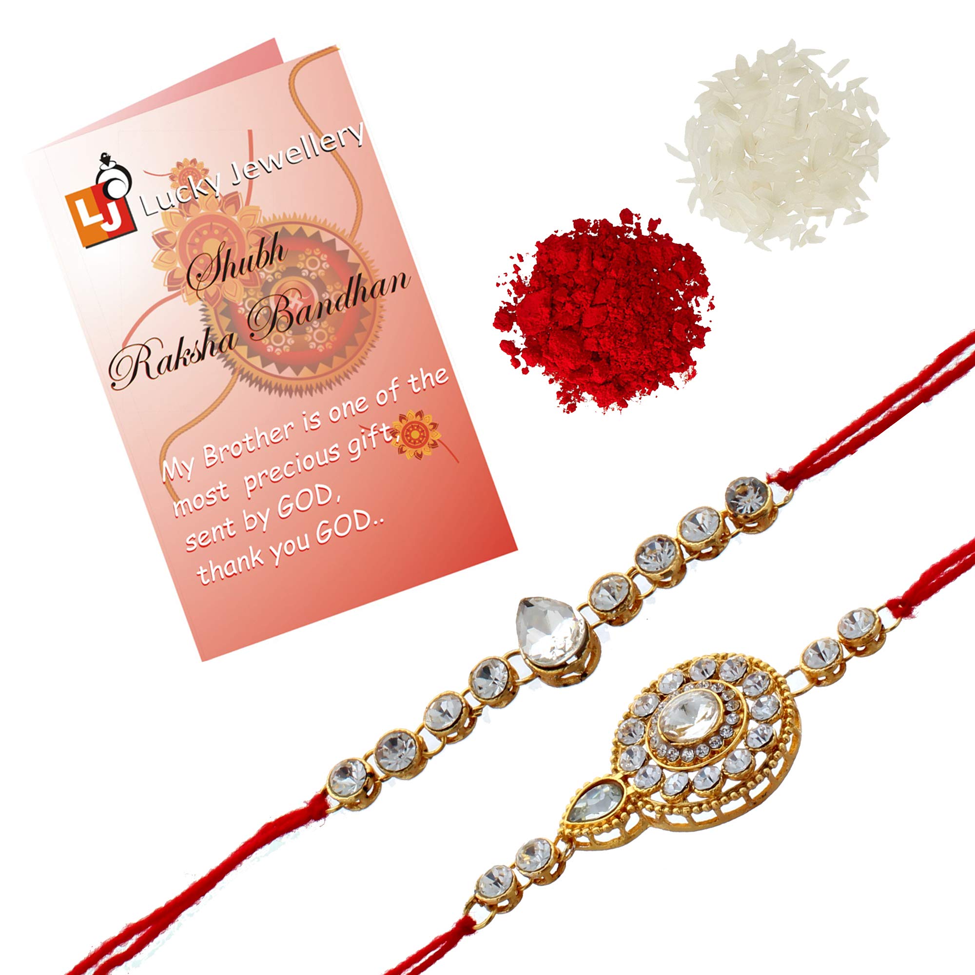 Lucky Jewellery Designer Fancy Traditional Rakhi Gold Plated Red Thread for Bro/Brother/Bhaiya/Bhai/Bhabhi (Pack of 2) Rakshabandan Rakhe White Stone Rakhee Bracelet Rakshasutra (B07V4Y7FCZ) Amazon Price History, Amazon Price Tracker