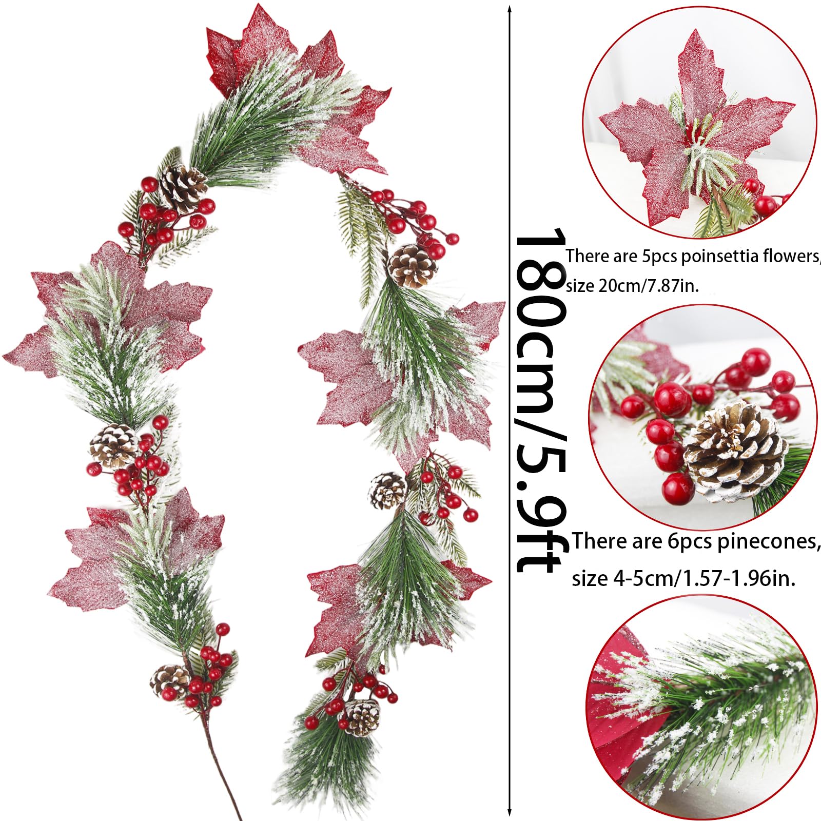 CISDUEO Guirnalda de flores de Pascua artificiales de Navidad, guirnalda de bayas artificiales rojas con piñas de pino para exteriores, interiores, chimenea, vacaciones, invierno, puerta, mesa, centro