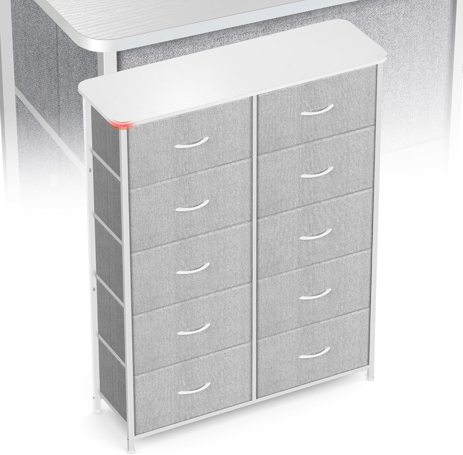  Curved Dresser for Bedroom, Chest of Drawers, 10 Storage Drawers Organizer Unit, Brown Dresser with Fabric Bins for Closet, Living Room, Kid Room (White)