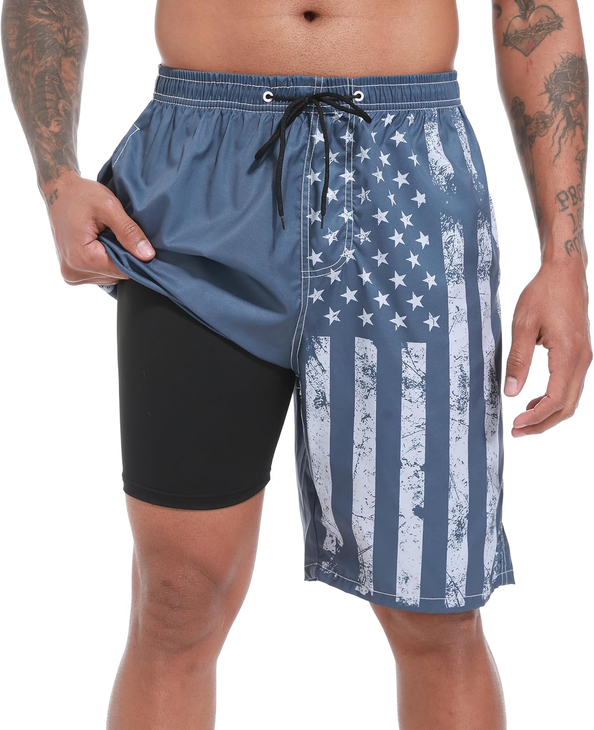 FT FENTENG Mens Swim Trunks with Compression Liner 9" Stretch Board Shorts 2 in 1 Quick Dry Swimwear Bathing Suits