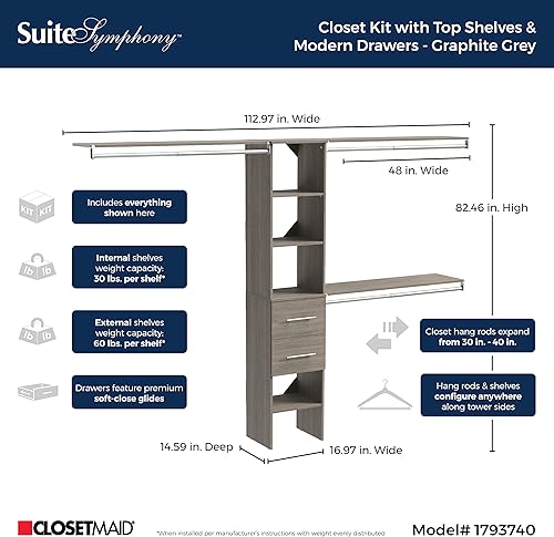 Miniatura 3 de ClosetMaid SuiteSymphony - Kit organizador de armario de madera con torre 3 varillas para colgar, estantes superiores, 2 cajones, moderno, se adapta