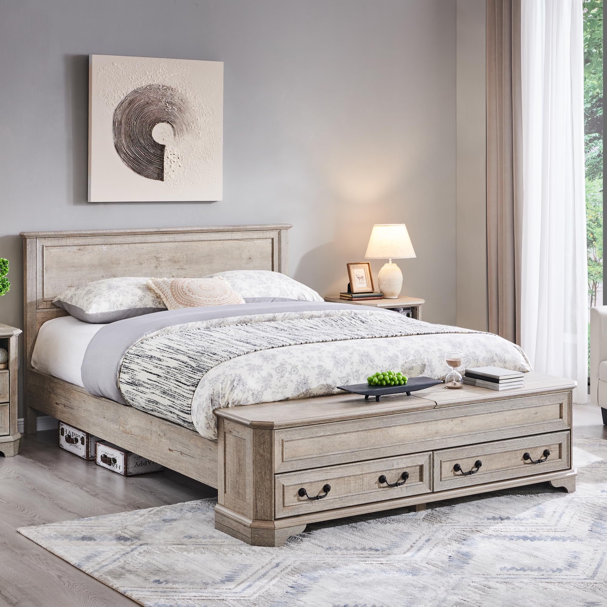 T4TREAM Farmhouse Queen Bed with Headboard and Storage Bench