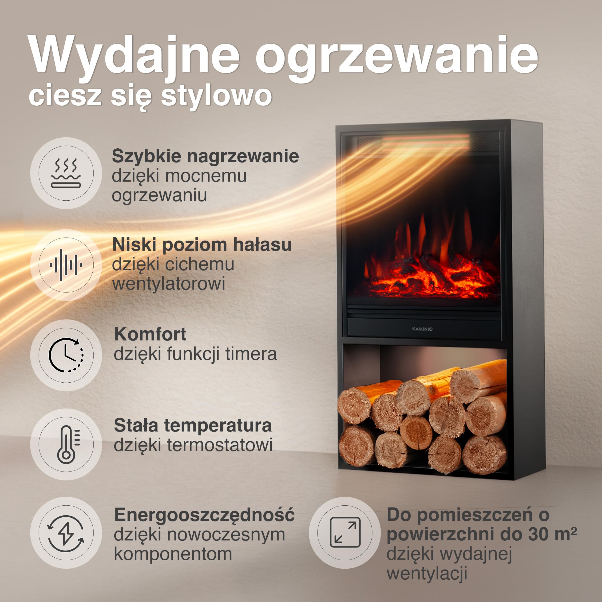 KAMINIO Kominek elektryczny Hugo - piec kominkowy z ogrzewaniem, efekt płomienia 3D, światło otoczenia LED, drewniana komora, pilot zdalnego sterowania - czarny