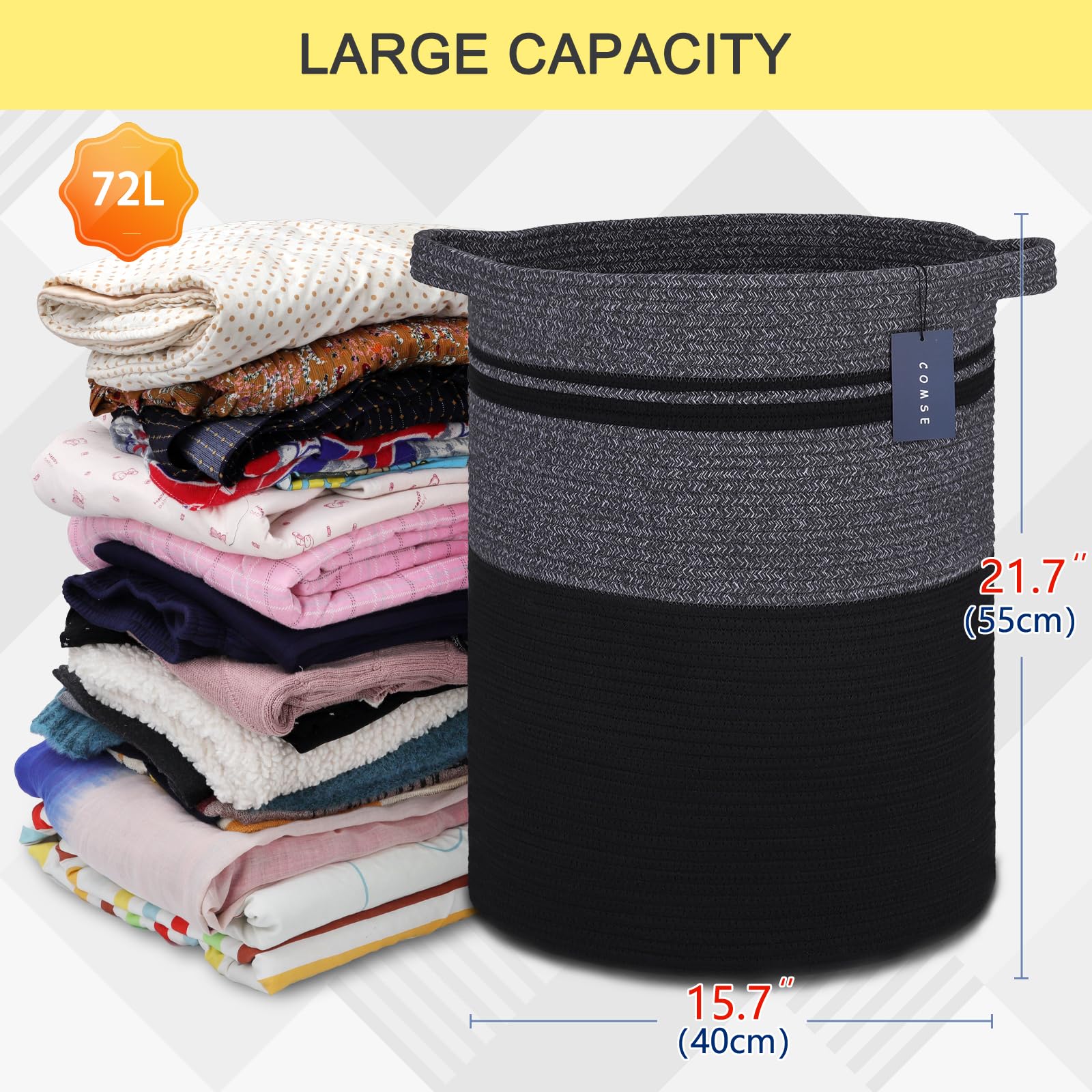 COMSE Cesto portabiancheria extra large, 40 x 55 cm, in corda di cotone, per riporre giocattoli, vestiti e asciugamani, nero
