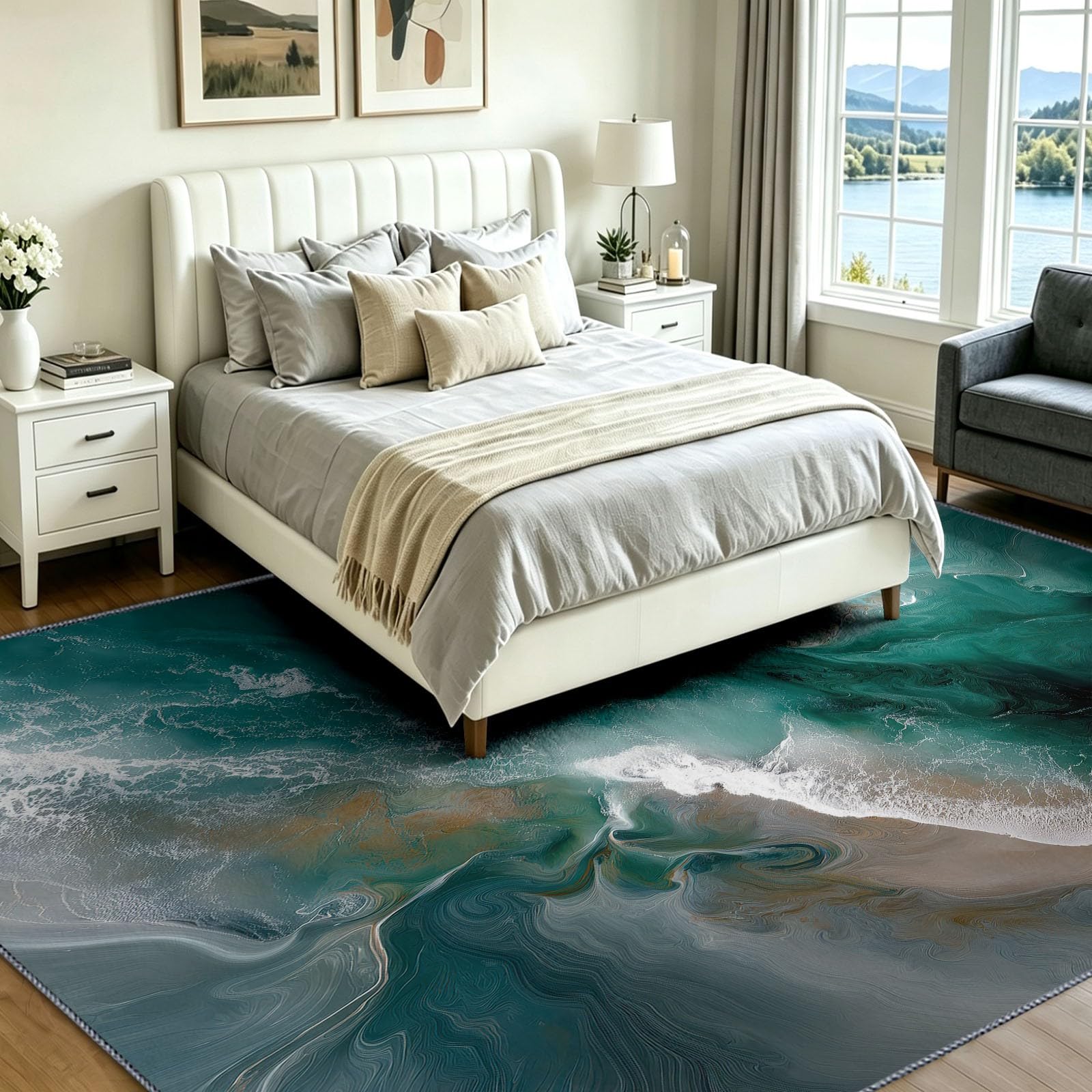Générique Tapis Salon 80 x 150 cm Océan Plage, Tapis Imprimé Style Côtier Abstrait, Lavable Antidérapant, Decoration Chambre Maison, Poil Ras, Doux, Vert