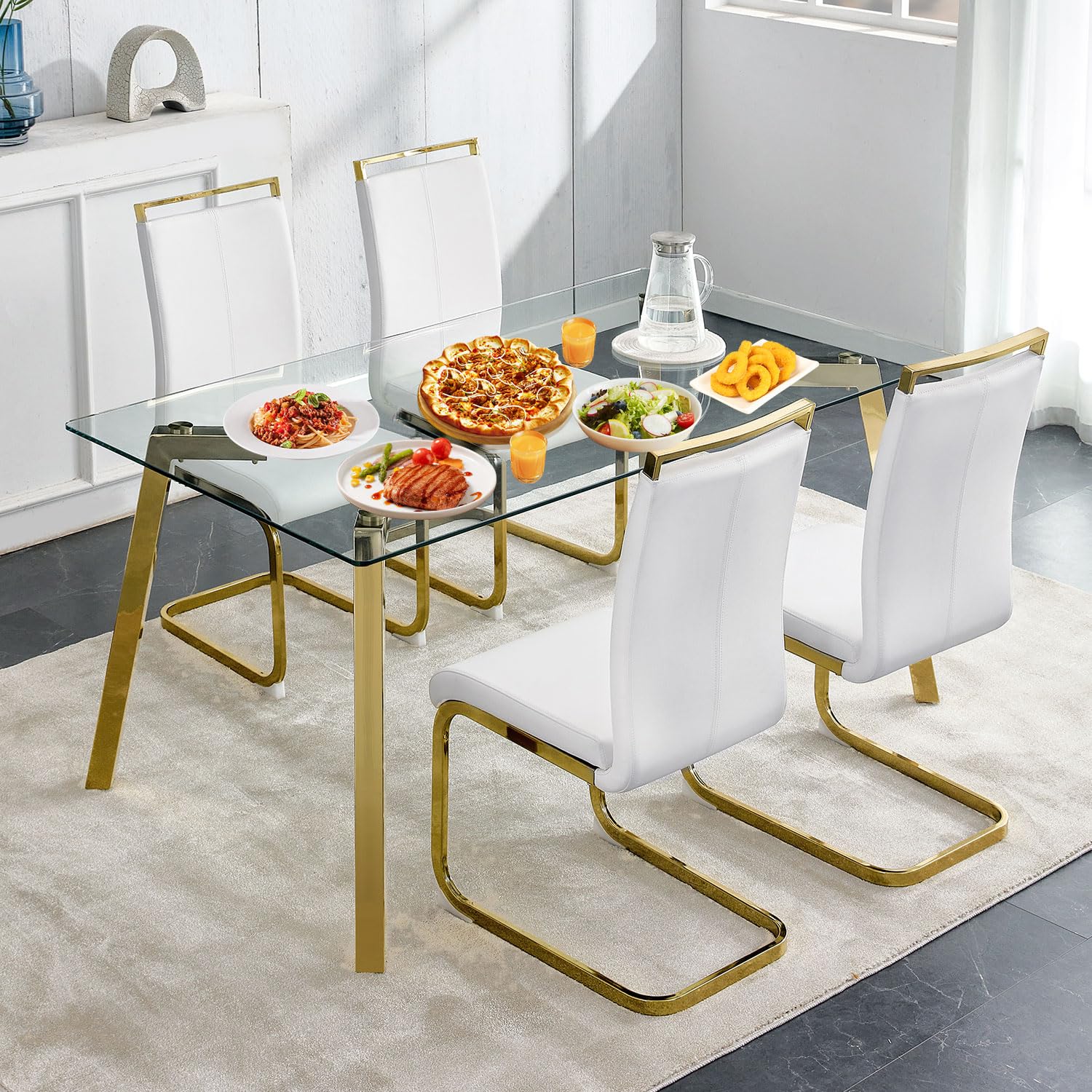 MEMUY Dining Table Set of 4,63" Rectangle Tempered Glass Table Top with Golden Metal Legs,Kitchen Room Table with 4 White Faux Leather Dining Chairs,