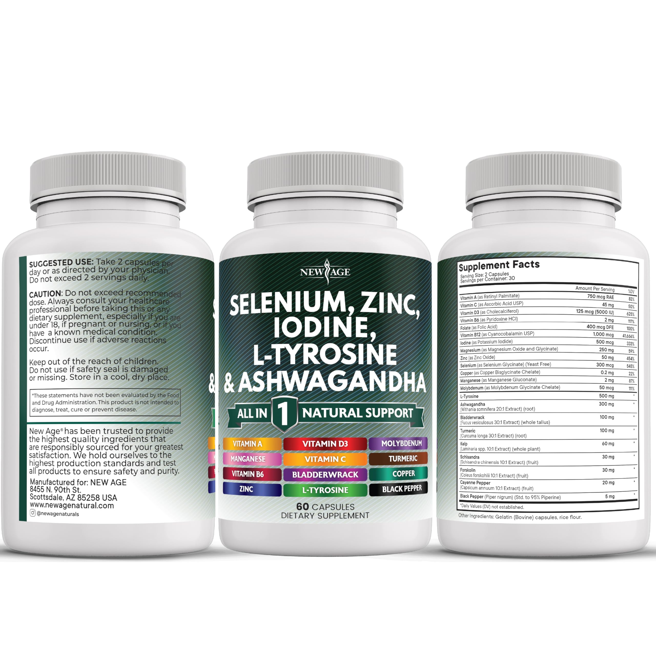 NEW AGE Selenium, Zinc, Iodine, L Tyrosine, Ashwagandha - Supplement for Women and Men with Bladderwrack, Turmeric, Silica Kelp, Schisandra - 120 Count — Amazon image 7