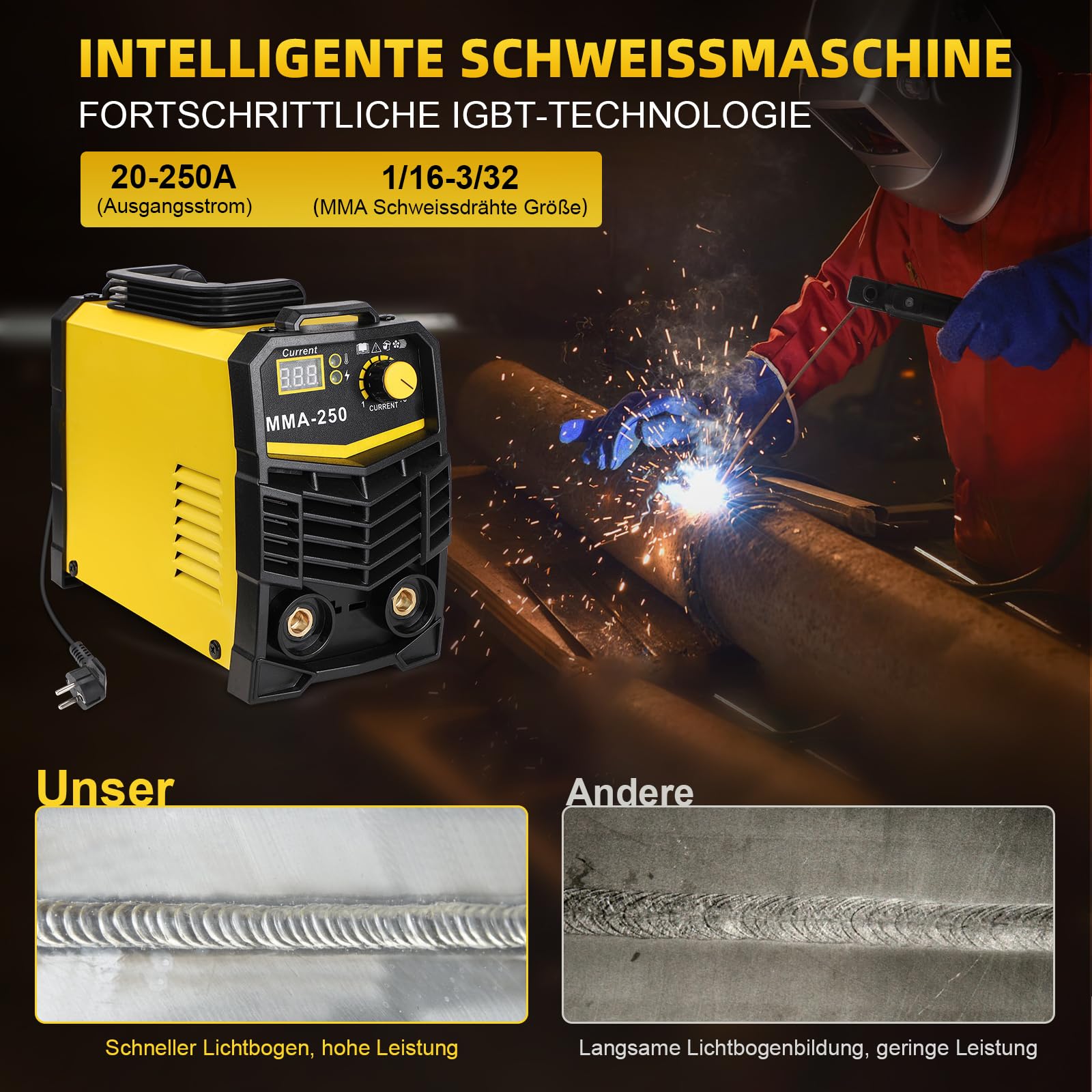 MMA Elektrodenschweißgerät 250A,IGBT Inverter E-Hand Schweißgerät,Mini Elektroden Schweißgerät, einstellbare Leistung,eingebaute Belüftung,Arc Force und Anti-Stick-Funktionen mit Arbeitsklemme