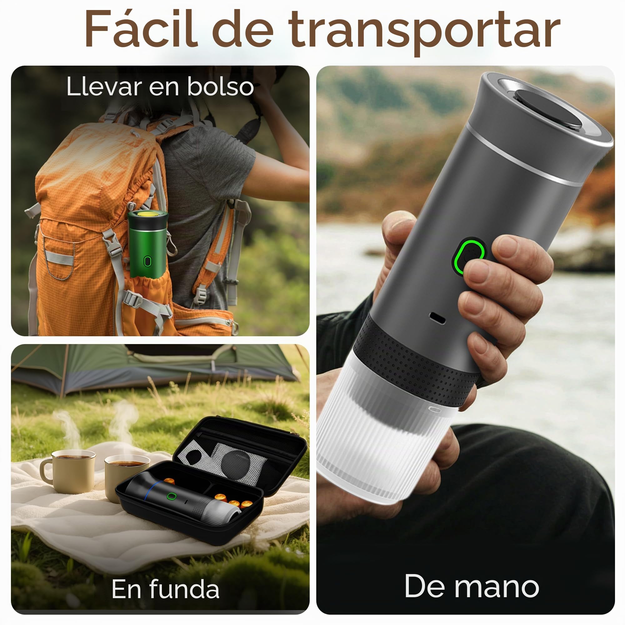 Cafetera Portátil 3 en 1, Máquina de Café Expresso con Soporte y Bolsa, Batería Recargable de 7500mAh, Compatible con Cápsulas y Café Molido, Para Viaje, Camping, Coche, Oficina (Blanco)