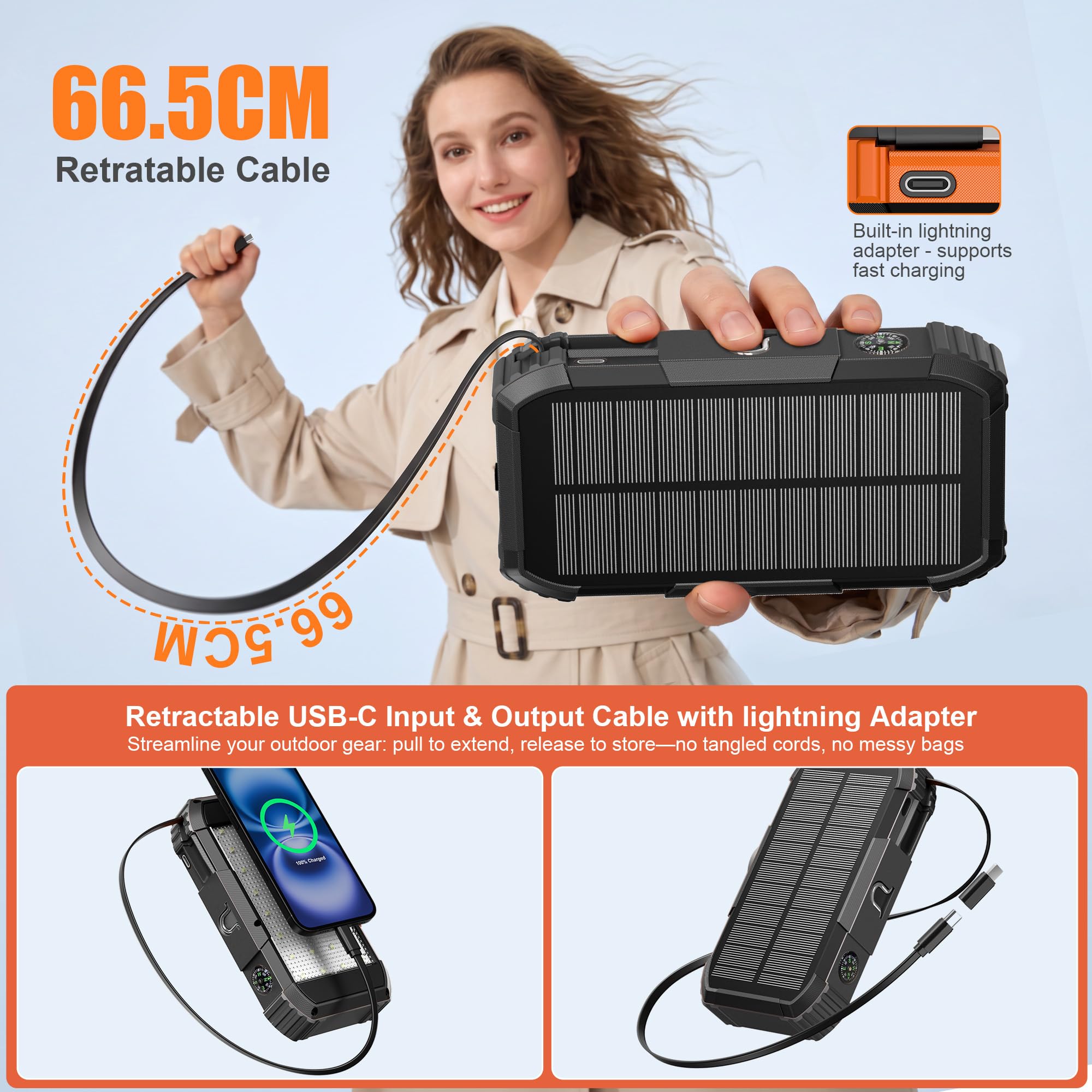 52800mAh Power Bank Solare 30W PD Caricabatterie Portatile a Manovella con Cavo Retrattile e Adattatore Lightning, 4 Uscite, Luce LED, Bussola Batteria Esterna per Campeggio ed Emergenza