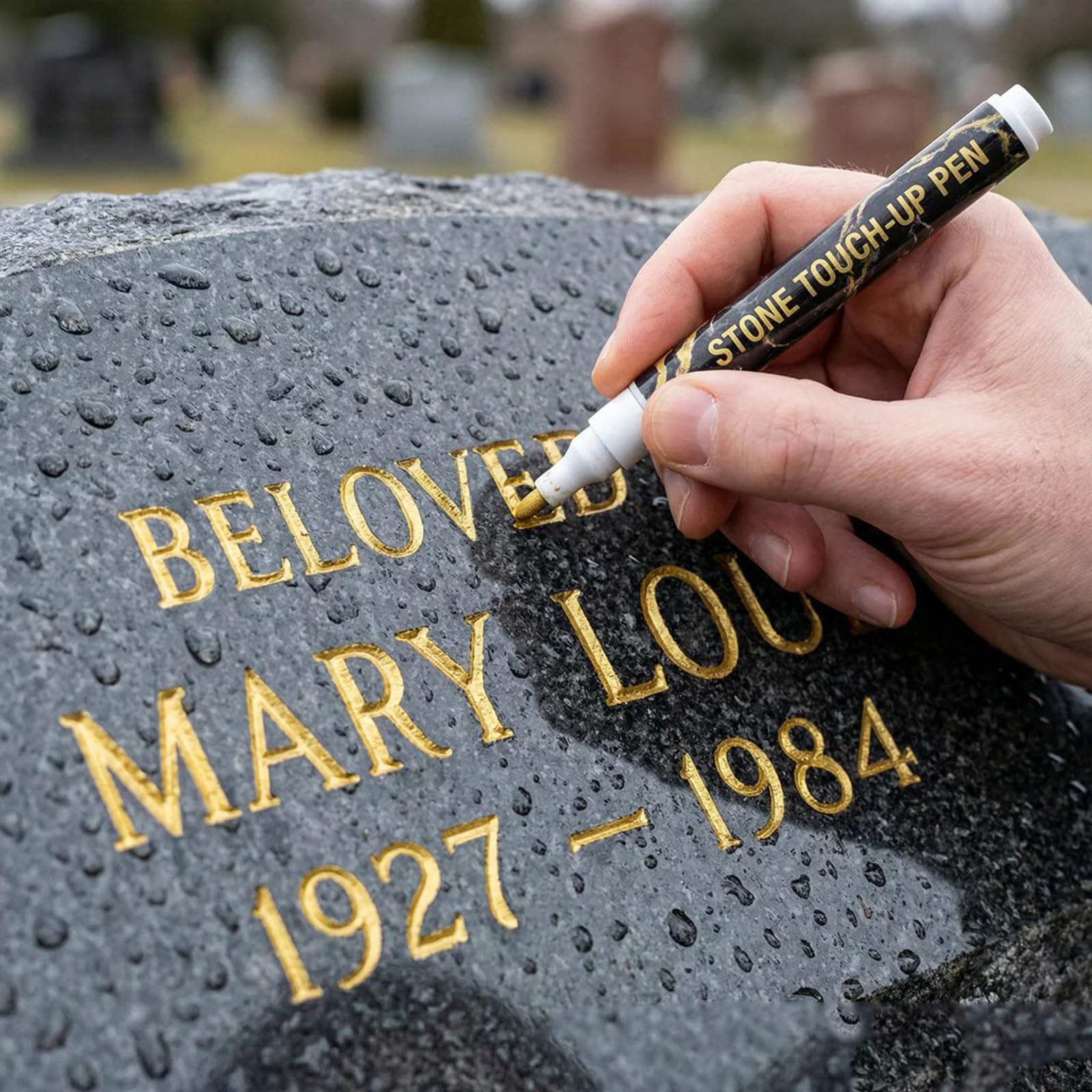 Tombstone Marker Pen, Waterproof Stone Touch-up Pen for Restoring Faded Grave Inscriptions, Quick-Dry Stone Marker Paint Pen, Strong Coverage for Gravestone Lettering & Memorial Inscriptions (Gold)