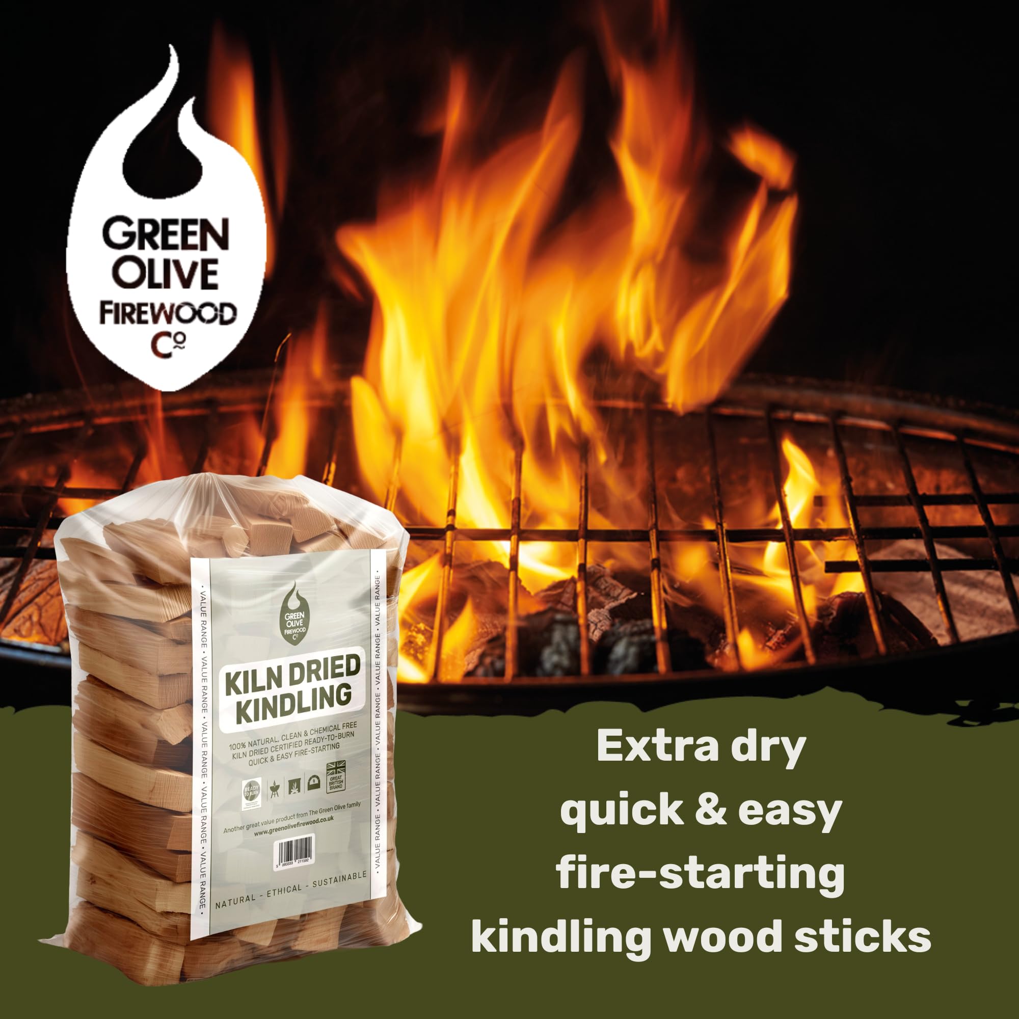 Green Olive Firewood - Approx 2.2KG Bag of Kiln Dried Kindling Wood - Firestarting Sticks - Natural Fire Lighters for Log Burners, Wood Burning Stoves, BBQS, Camping, fireplaces & Pizza Ovens — view 2