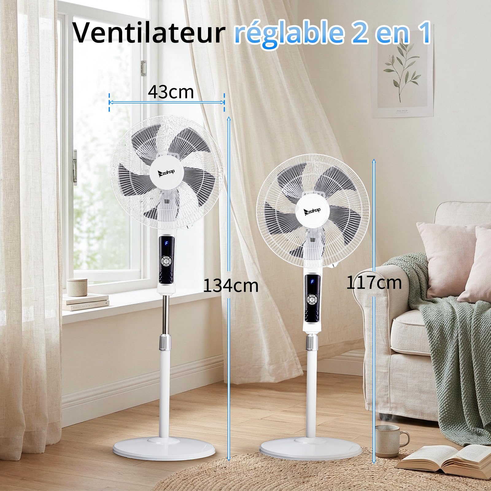 LEADZM Ventilateur pied 40cm 65W blanc hauteur 117-134cm | 5 pales double couche inclinable 3 modes minuterie intégrée