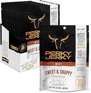 Perky Jerky Sweet and Snappy 100% Grass Fed Beef Jerky, 2.2oz (Pack of 12) - Antibiotic Free - 10g Protein Per Serving - L...