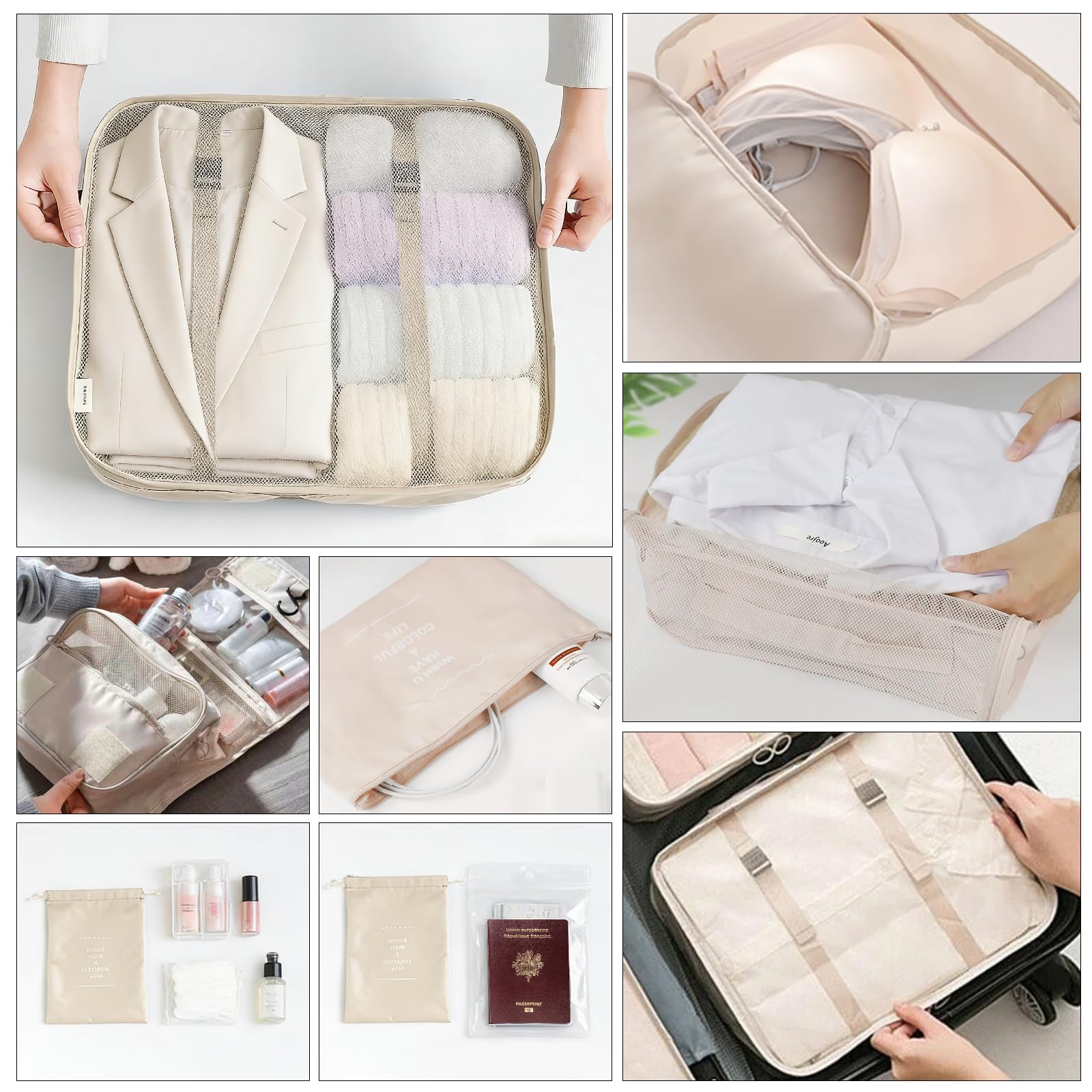 LANSKLBD 4/6/8/10 Set Packing Cubes for Suitcases Travel Luggage Packing Organizers,Travel Accessories Essentials Luggage Organizer with Shoe/Tioletry/Laundry Bag (Beige, 10 set) view 8