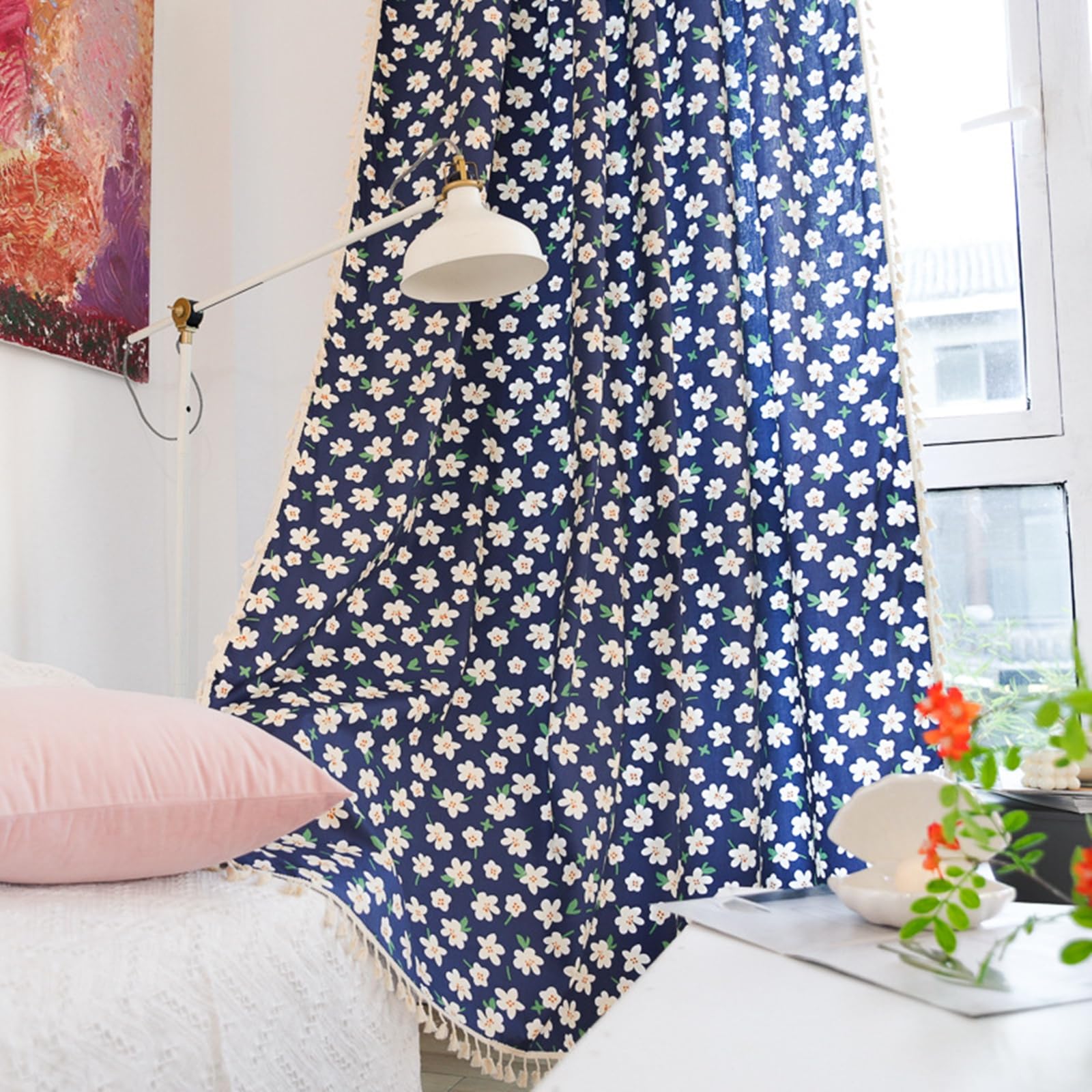 Rideau porte cuisine 150x240 cm en coton occultant bleu floral