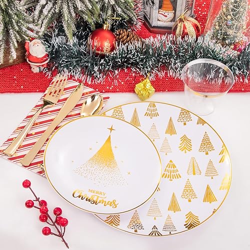 Miniatura 5 de Morejoy 175 platos de plástico navideños  Platos de plástico dorados desechables  25 platos llanos  25 platos de postre  25 tazas  25 tenedores  25
