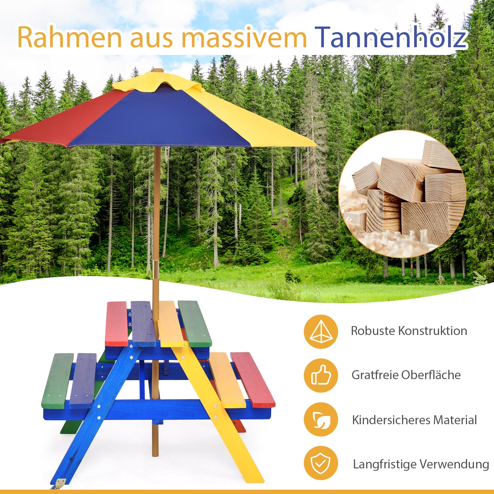 SOARS Table de Pique-Nique pour Enfants avec Parasol Réglable, Table et Bancs en Bois de Sapin pour Enfants avec Parasol, Salon de Jardin et Parc, 140 cm (Multicolore)