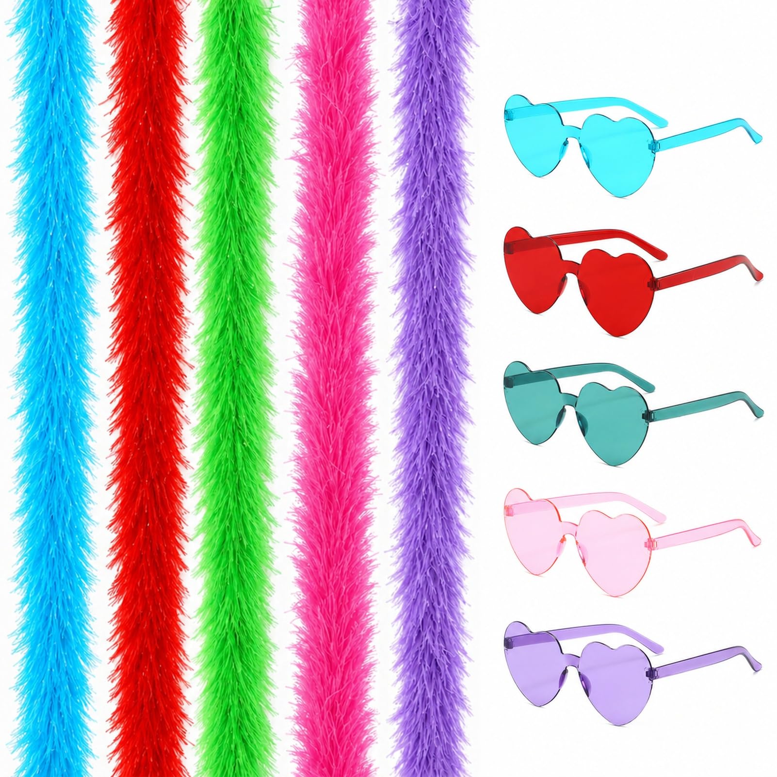 5 Pack of Party Boas and 5 Heart-Shaped Sunglasses, Bachelorette Party Supplies, Costume Accessories for Women, Feather Boas Multipack (5 Colors)
