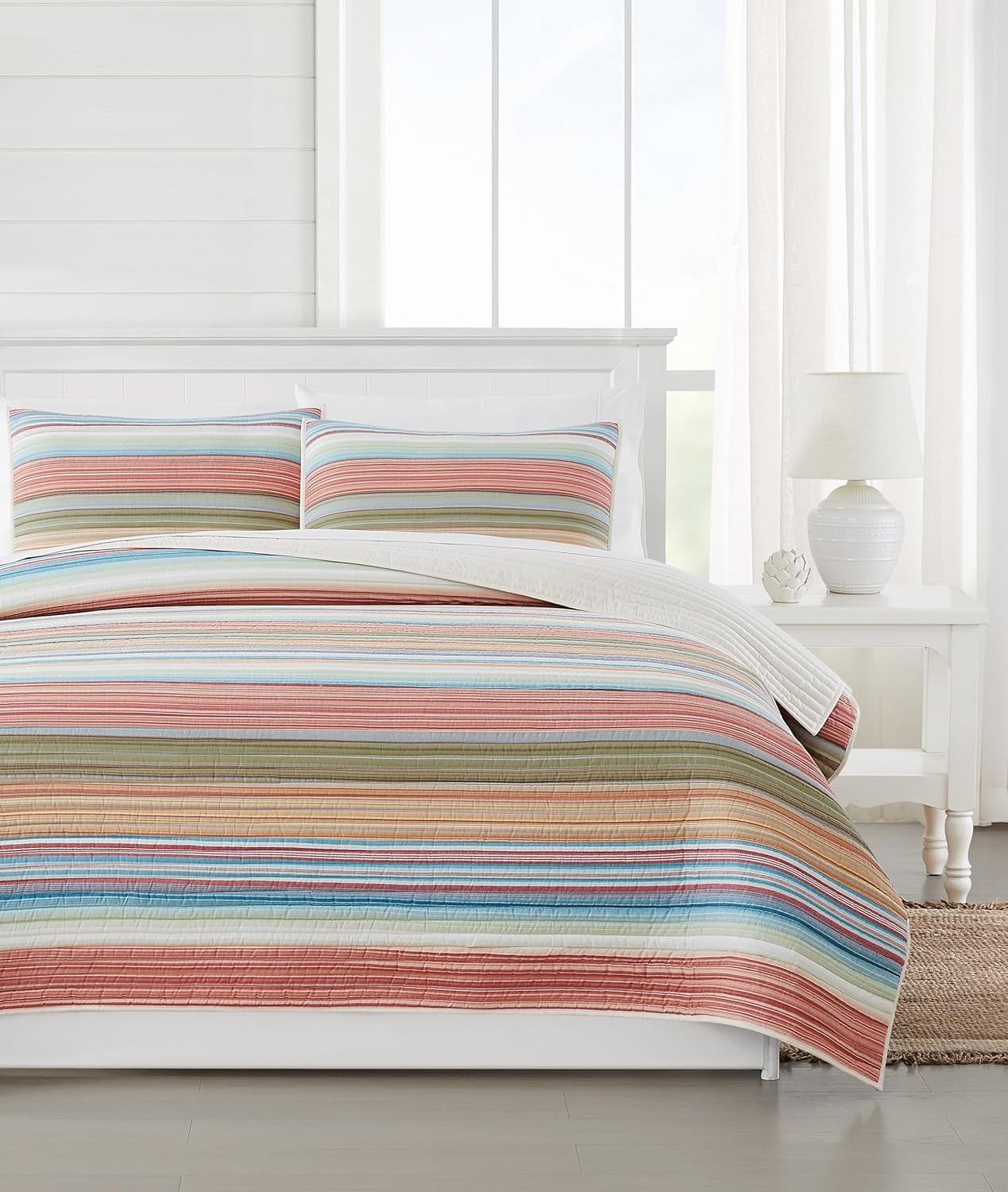 Palm Beach Yarn Dye Stripe 3 Piece King Quilt Set, Coastal and Nautical Themed, Oeko-TEX Certified Confidence