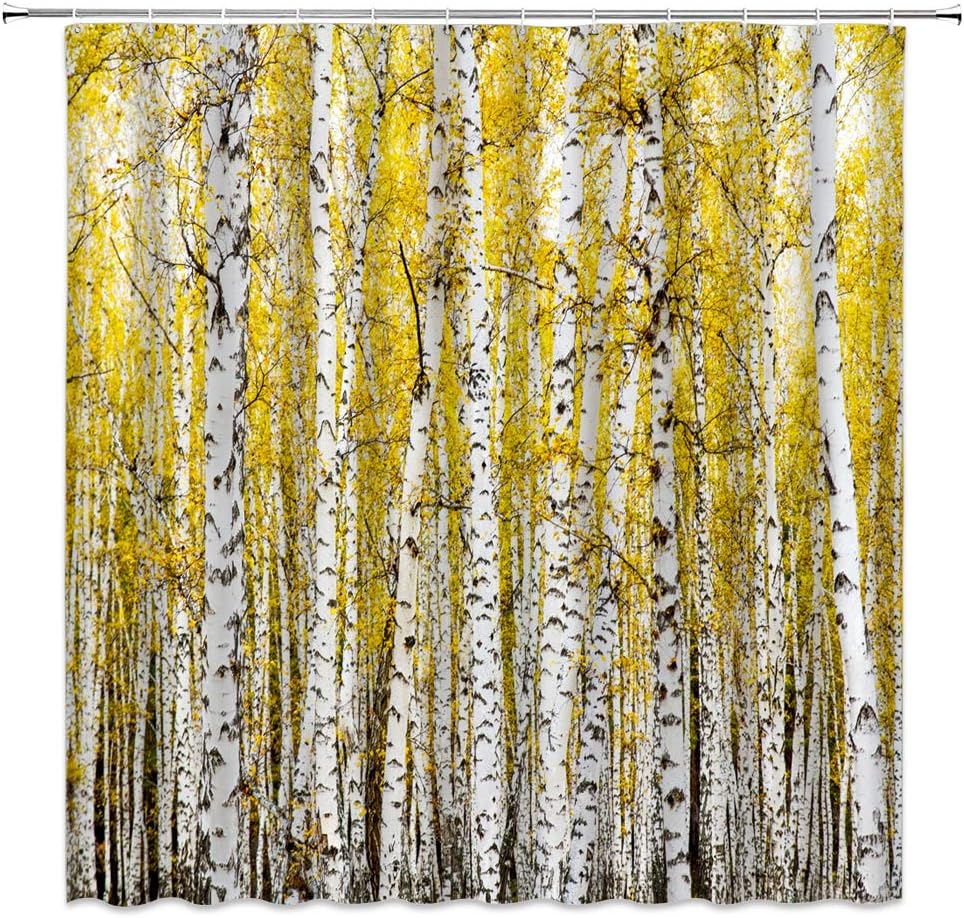 Tree Shower Curtain Rustic Abstract Yellow Birch Tree Forest Branch Vintage Farmhouse Vintage Country Style Bathroom Decor Fabric Curtain with Hooks