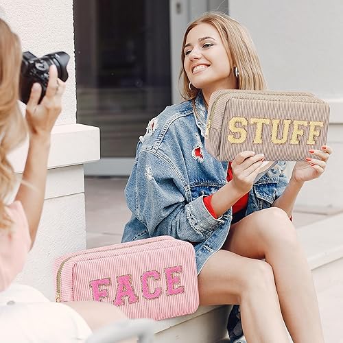 Miniatura 3 de 4 bolsas de maquillaje con letras de chenilla, bolsa de cosméticos con cremallera, bolsa de maquillaje preparada, bolsa portátil para el cabello,