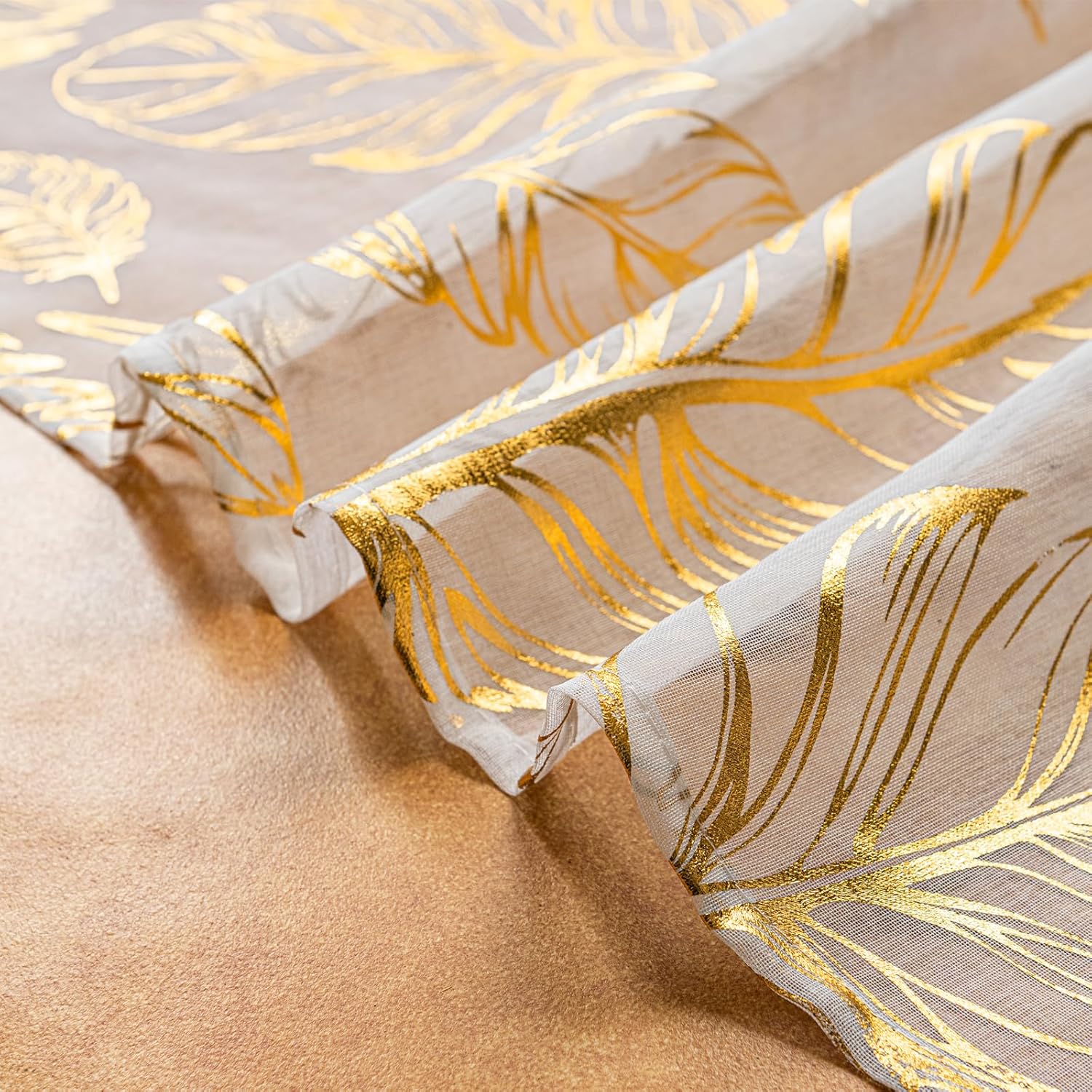 Deeprove White and Gold Sheer Curtains 63 inches Long 2 Panels for Bedroom Living Room Nursery Closet Decor Bronzing Metallic Gold Feather Foil Print Golden Window Treatments Pair Set W52 x L63 Inch