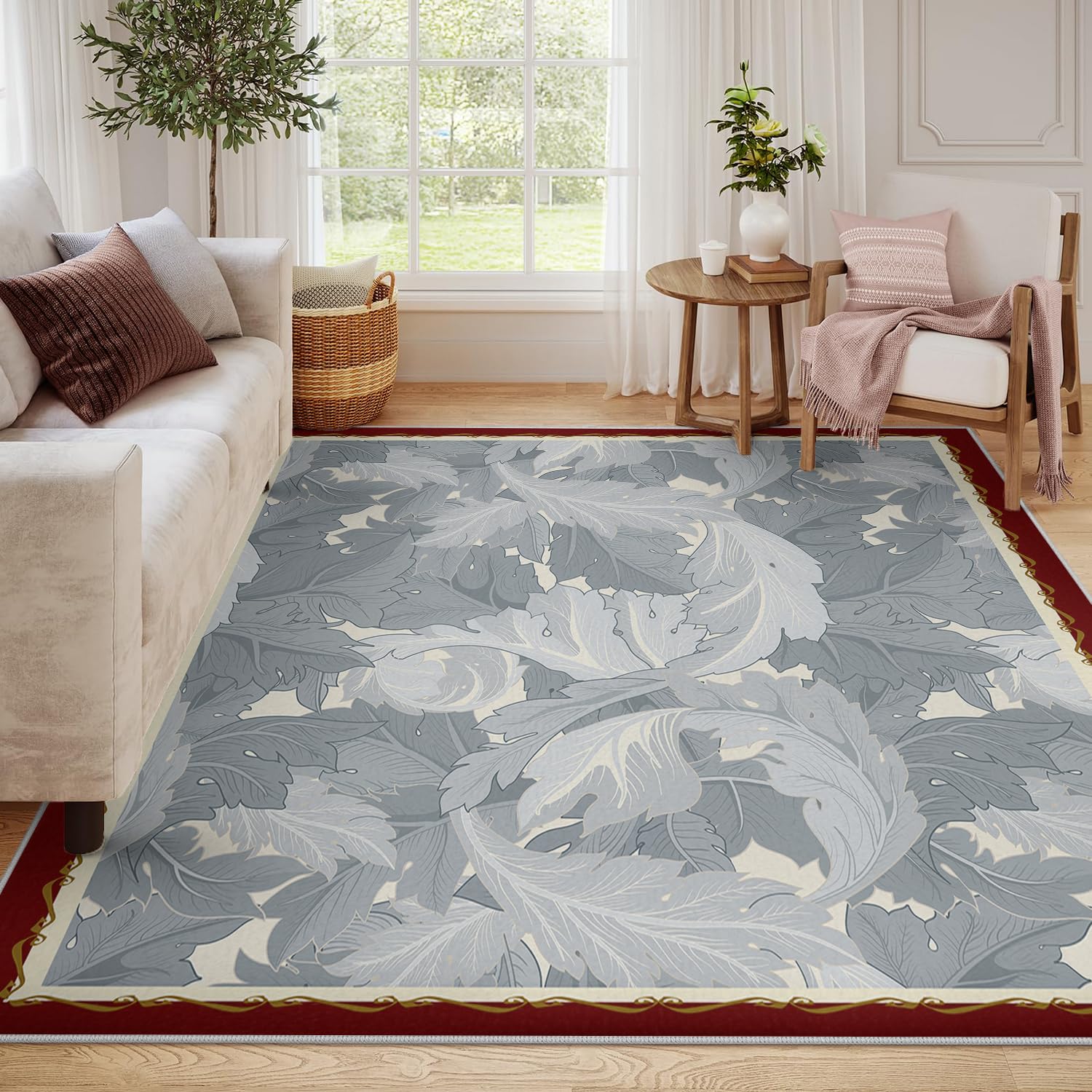 Dywaniki 80 x 150 cm, ultracienki, zmywalny, odporny na plamy, antypoślizgowy spód dywaniki do salonu, sypialni, liście akantu, nadruk, niski runo, szary dywanik do sypialni, pokoju zabaw, kuchni